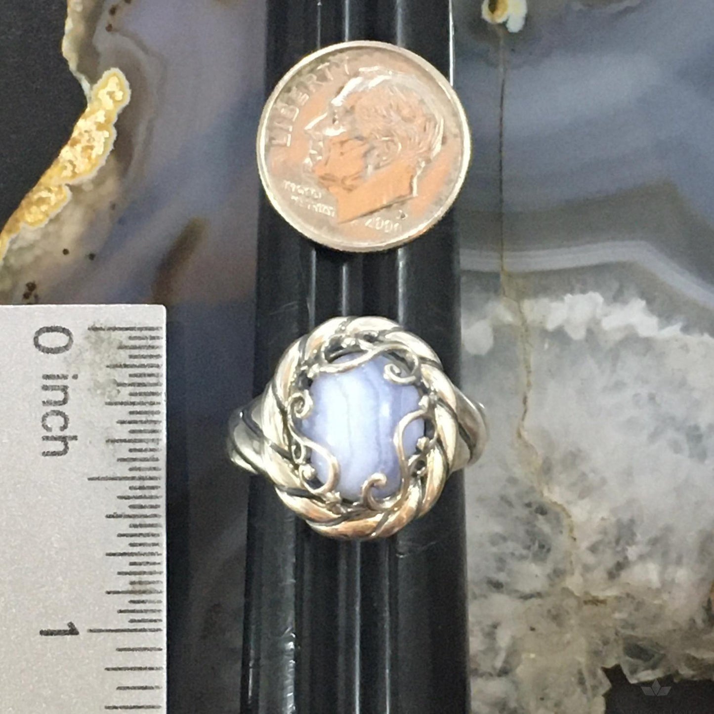 Carolyn Pollack Sterling Silver Oval Blue Lace Agate Decorated Ring Size 8 For Women
