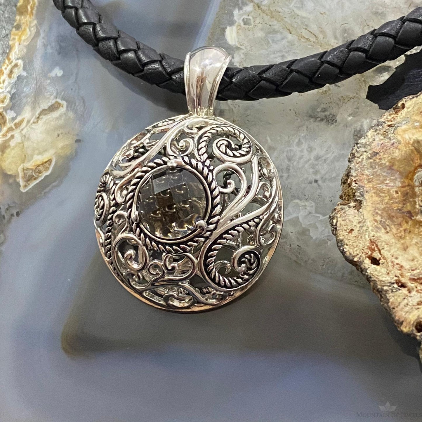 Carolyn Pollack Southwestern Style Sterling Silver Round Smoky Quartz Enhancer Pendant For Women