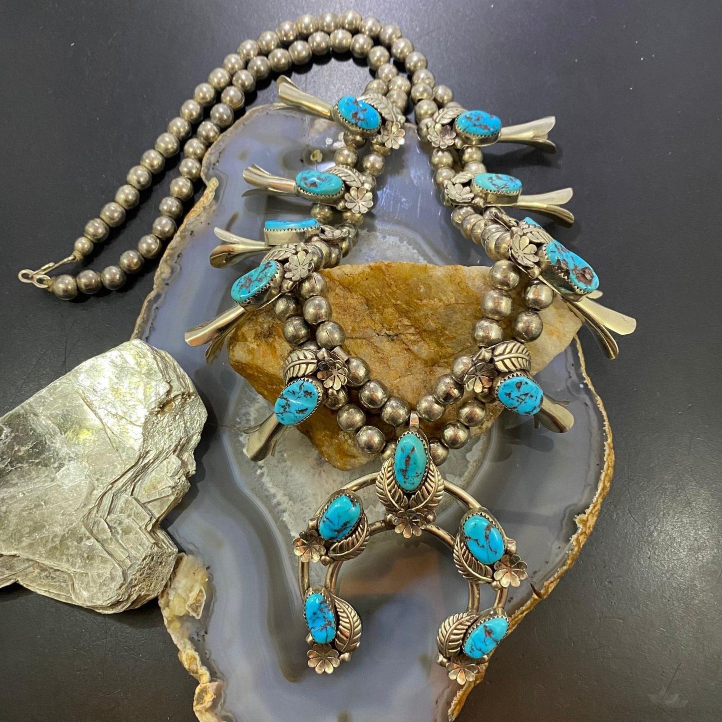 Vintage Native American Silver 15 Kingman Turquoise 28" Squash Blossom Necklace For Women