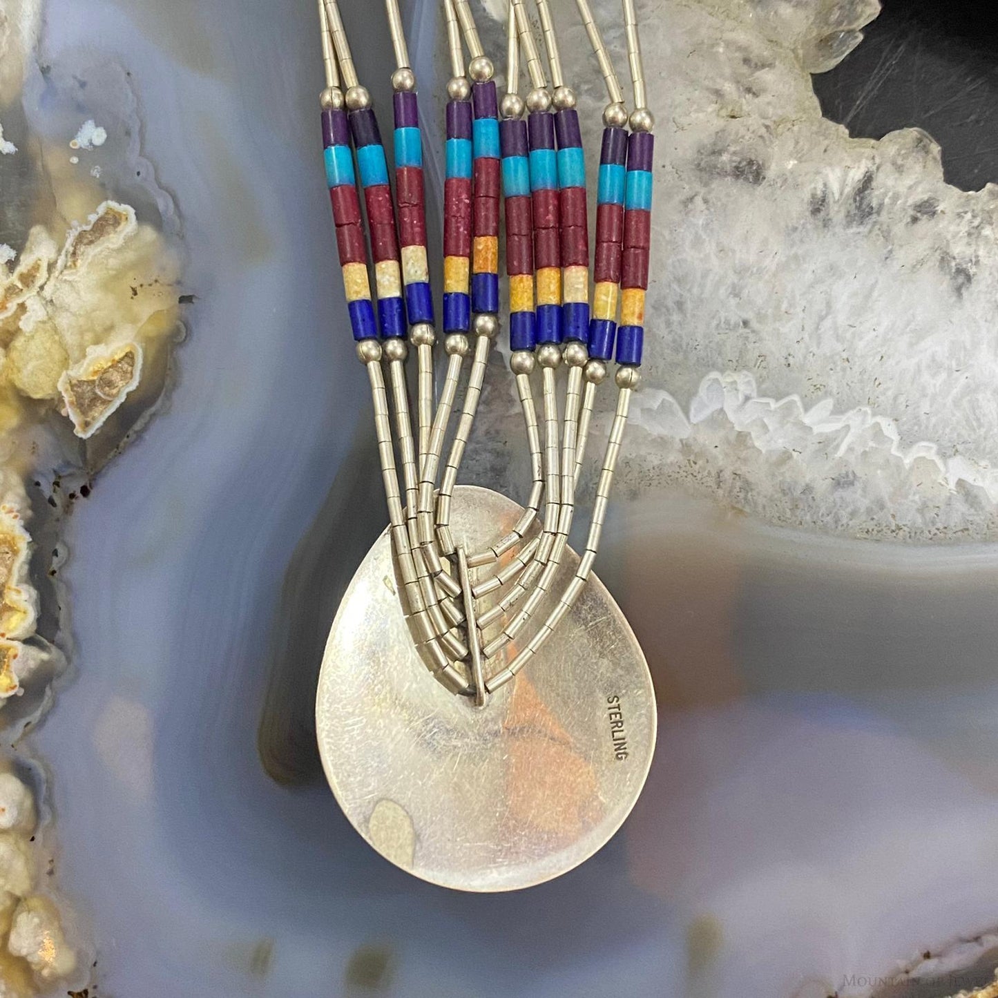 Vintage Native American Sterling Silver Liquid Silver, Multi Beads & Inlay Pendant Necklace