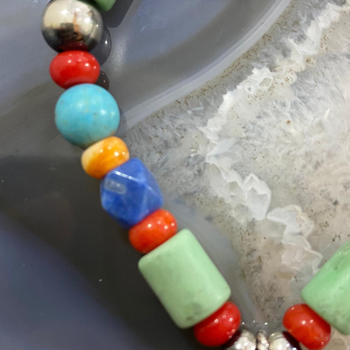 Carolyn Pollack Vintage Sterling Silver Multi Gemstone Bead w/Charm Stretch Bracelet For Women