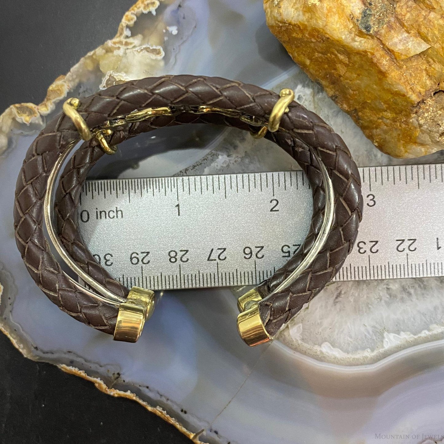 Carolyn Pollack Sterling Silver & Brass 4 Turquoise Dk Brown Leather Decorated Bracelet