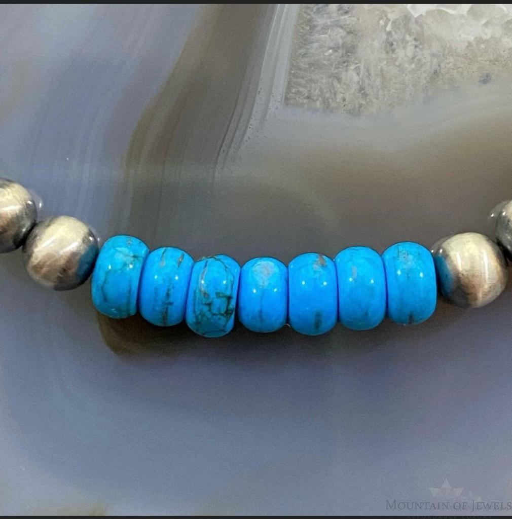 Navajo Pearl and Turquoise 6mm Beads Sterling Silver 8" Bangle For Women