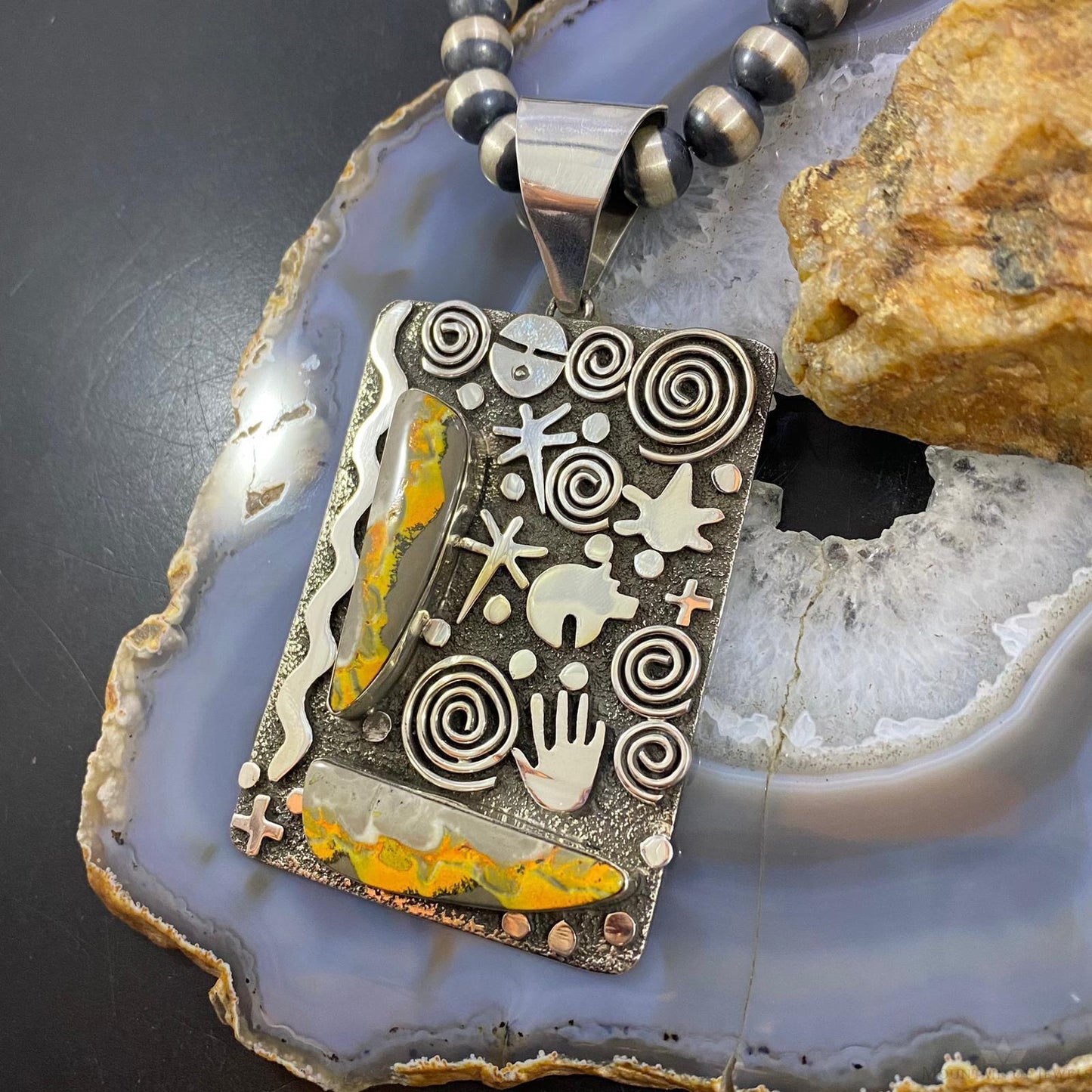 Alex Sanchez Native American Sterling Silver 2 Bumblebee Jasper Petroglyph Tablet Unisex Pendant