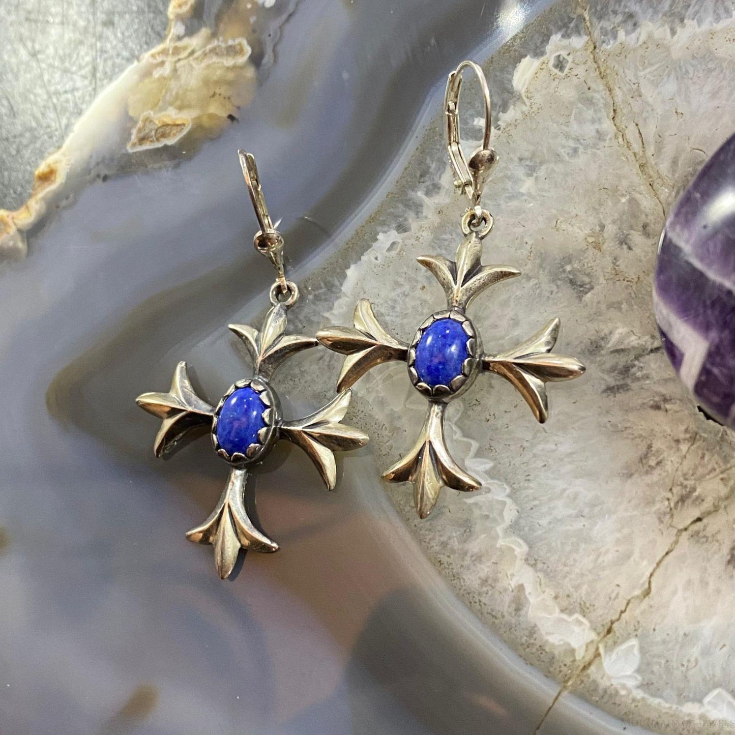 Carolyn Pollack Southwestern Style Sterling Silver Lapis Squash Blossom Dangle Earrings For Women