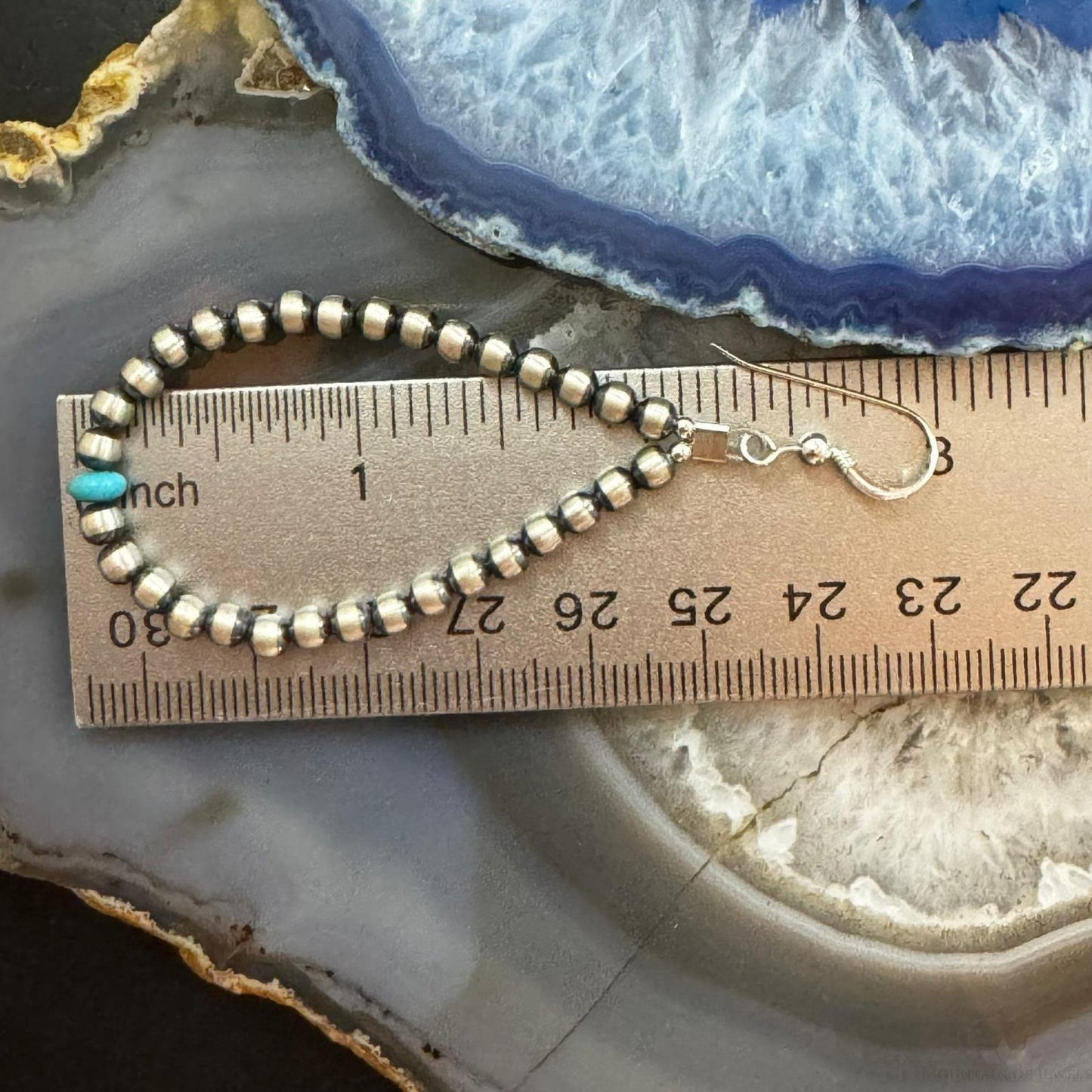 Navajo Pearl Beads 3mm & Turquoise Bead 5 mm Sterling Silver Dangle Earrings For Women