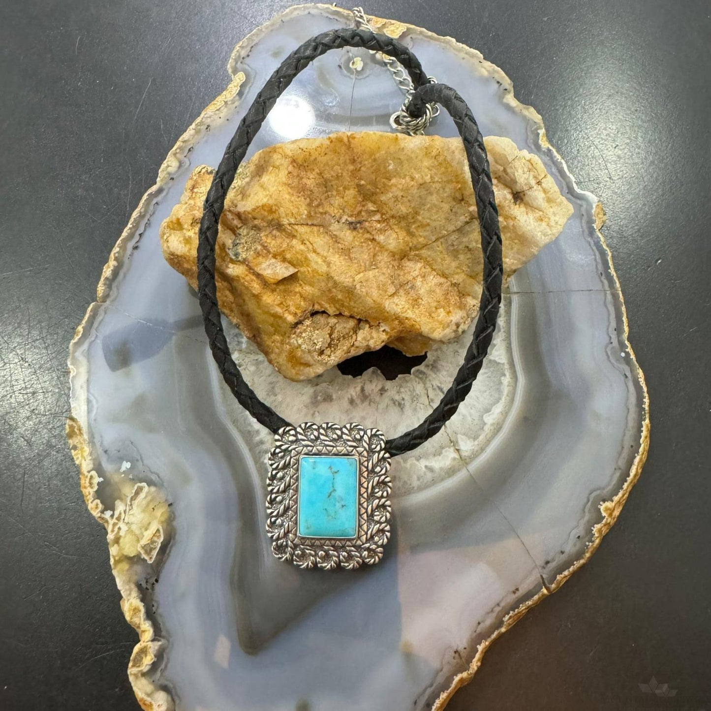 Carolyn Pollack Sterling Silver Turquoise Pendant with Black Braided Leather Necklace