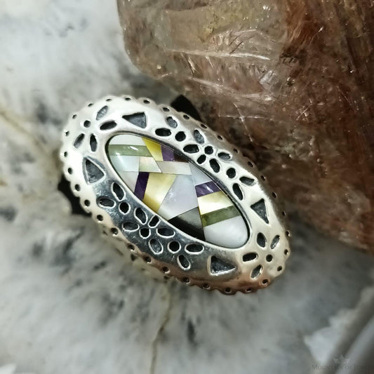 Carolyn Pollack Sterling Silver Elongated Oval Multi Stone Inlay Ring Size 6 For Women