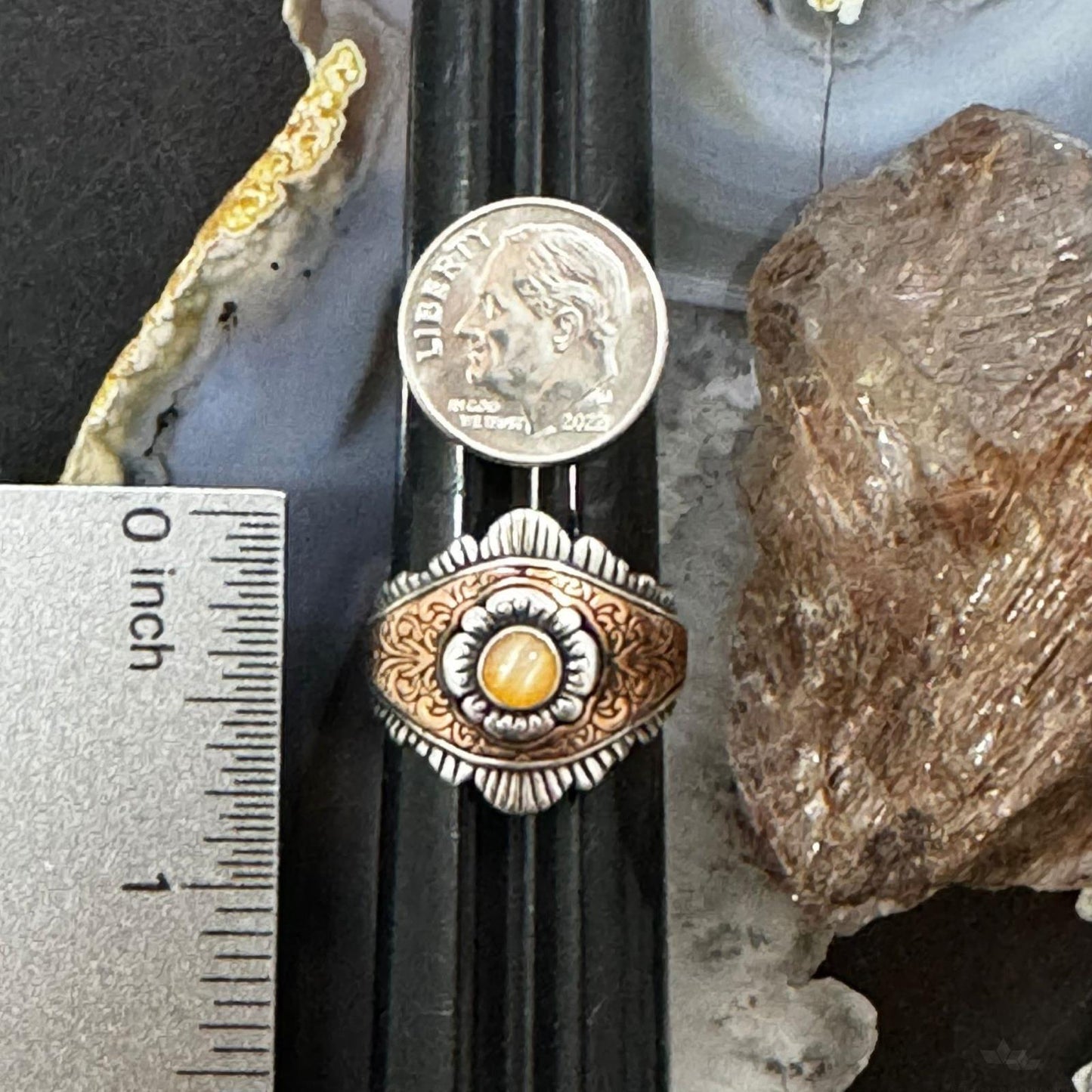 Carolyn Pollack Sterling Silver & Copper Round Citrine Decorated Ring For Women