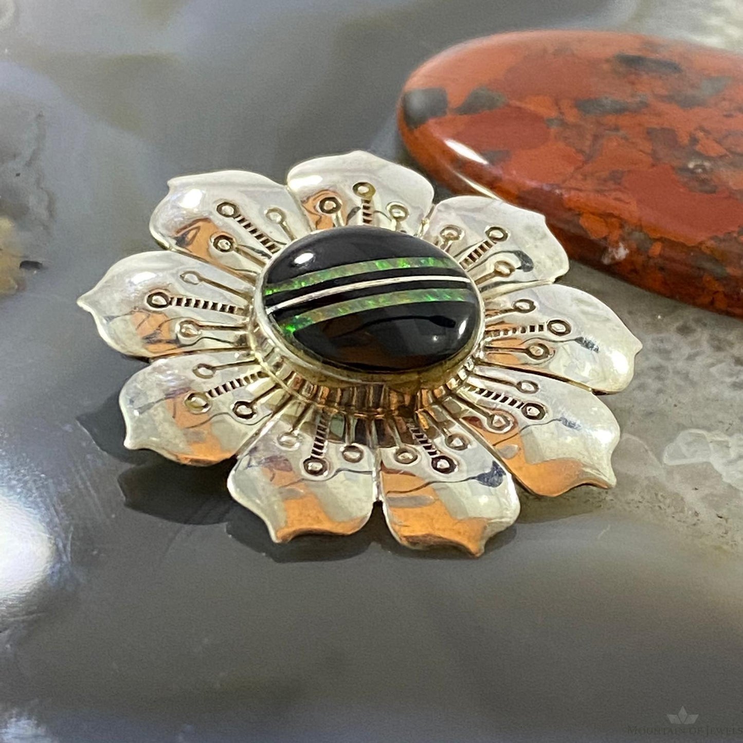 Vintage Native American Sterling Silver Onyx & Opal Stamped Flower Brooch For Women