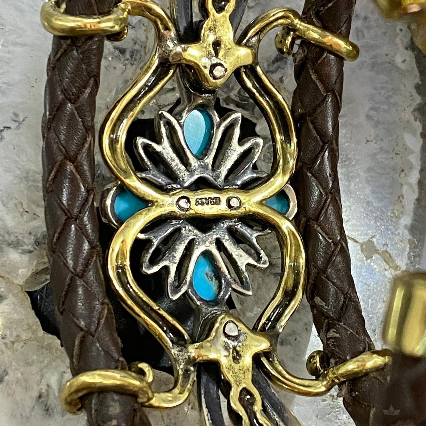 Carolyn Pollack Sterling Silver & Brass 4 Turquoise Dk Brown Leather Decorated Bracelet
