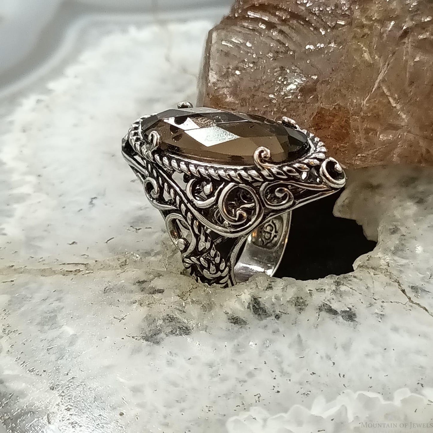 Carolyn Pollack Sterling Silver Elongated Oval Faceted Smoky Quartz Ring Size 5.25 For Women