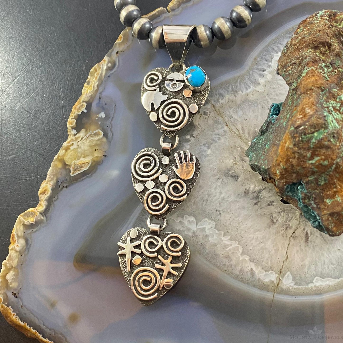 Alex Sanchez Native American Sterling Silver Triple Petroglyph Heart w/Turquoise Pendant For Women #1