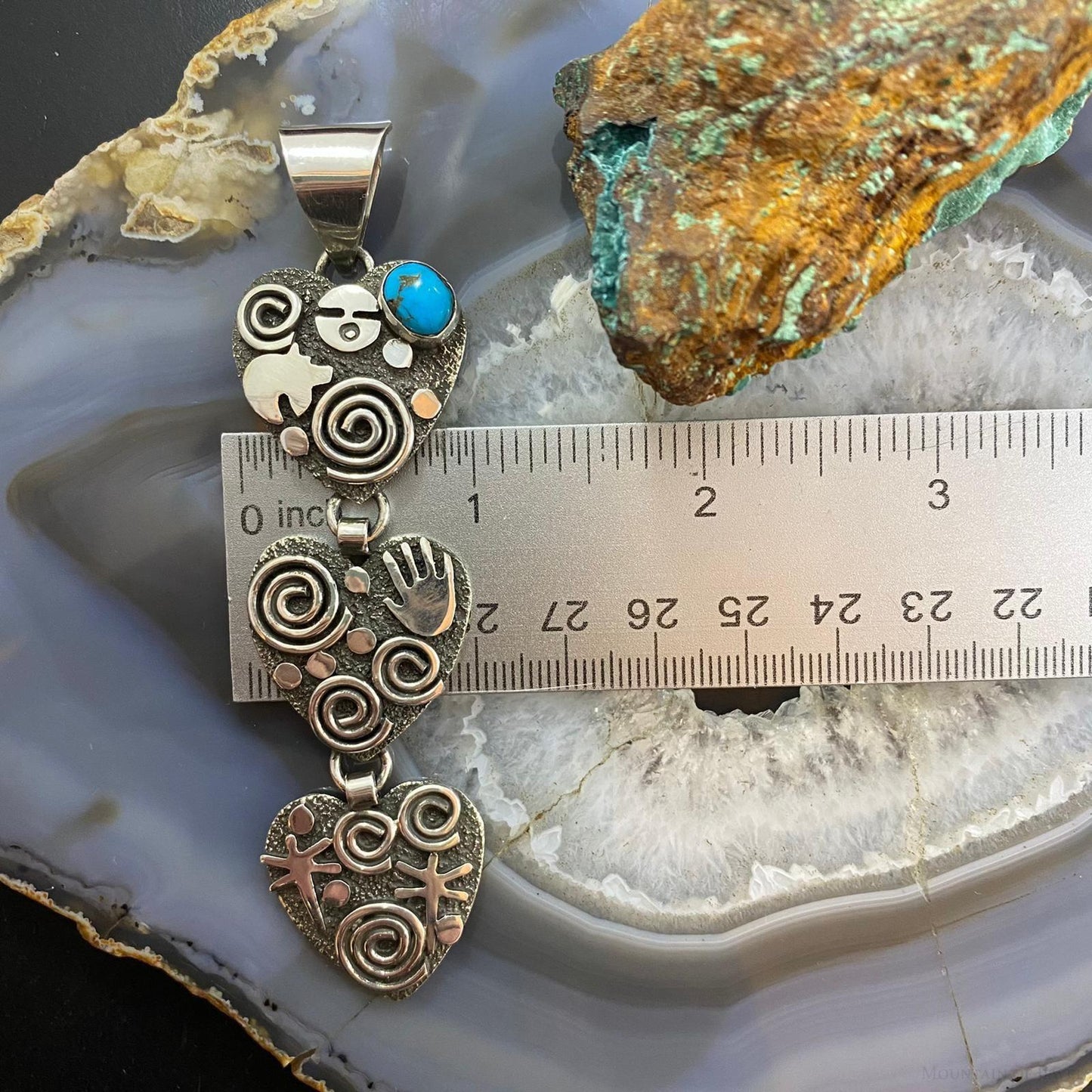 Alex Sanchez Native American Sterling Silver Triple Petroglyph Heart w/Turquoise Pendant For Women #1