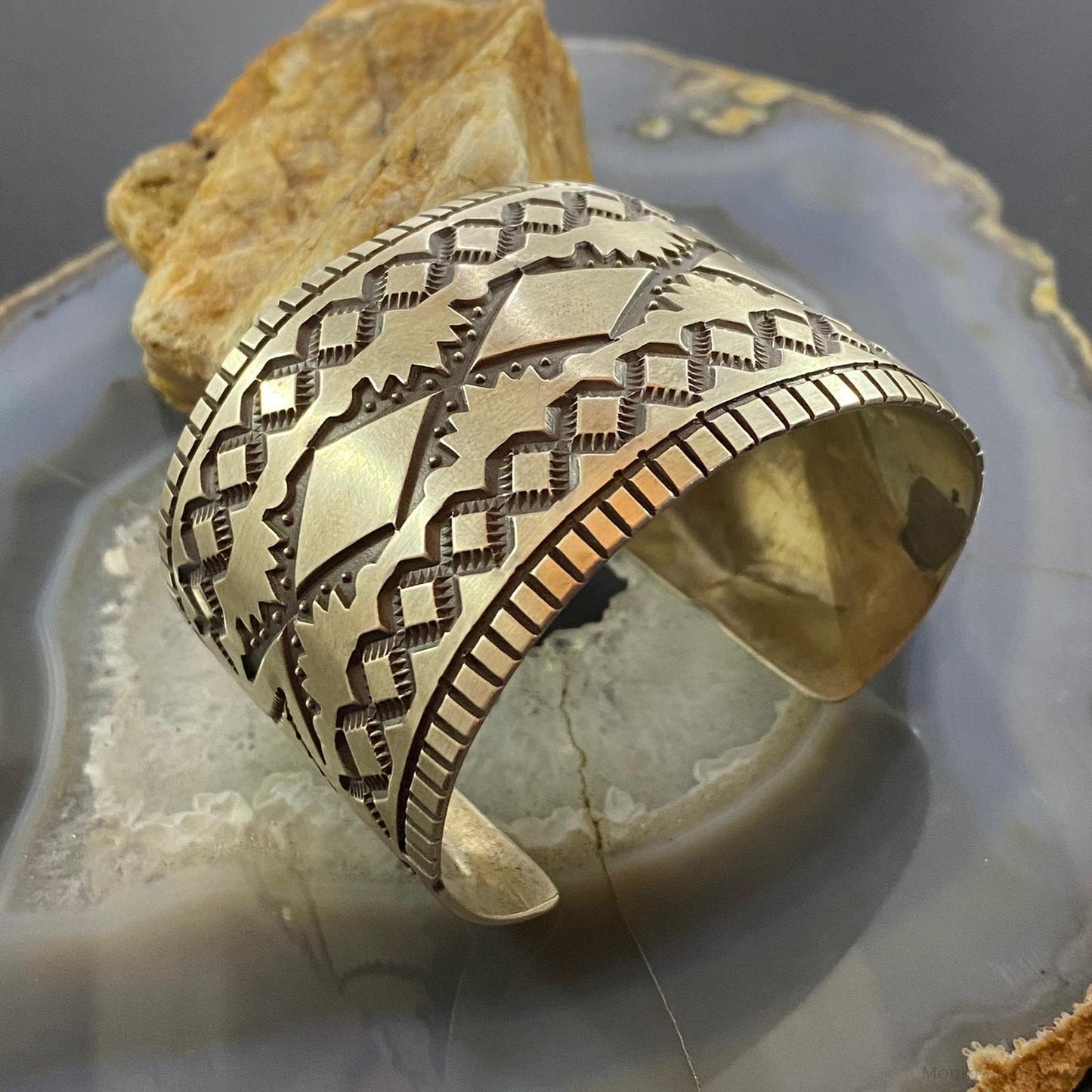 Jerrold Tahe Native American Sterling Silver Stamped Wide Bracelet For Women