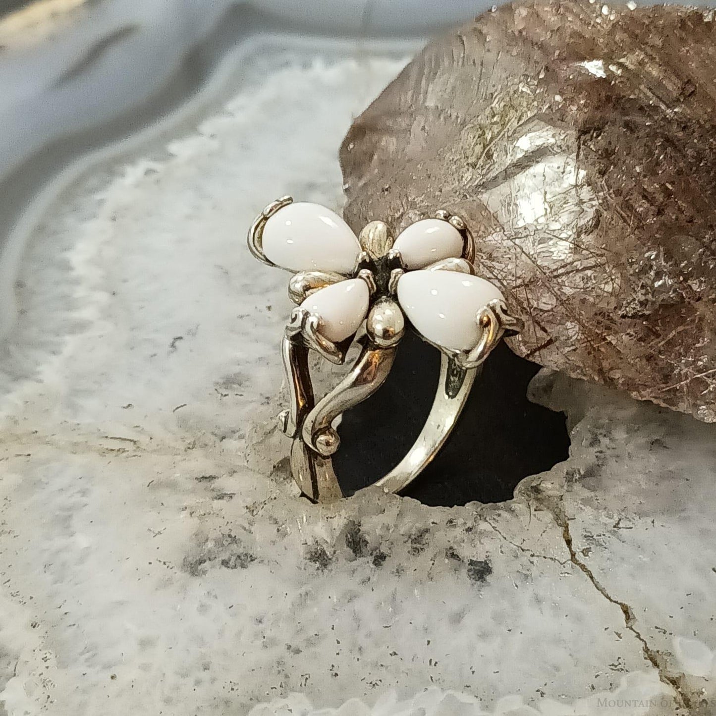 Carolyn Pollack Sterling Silver 4 Pear White Jasper Flower Ring Size 8.25 For Women