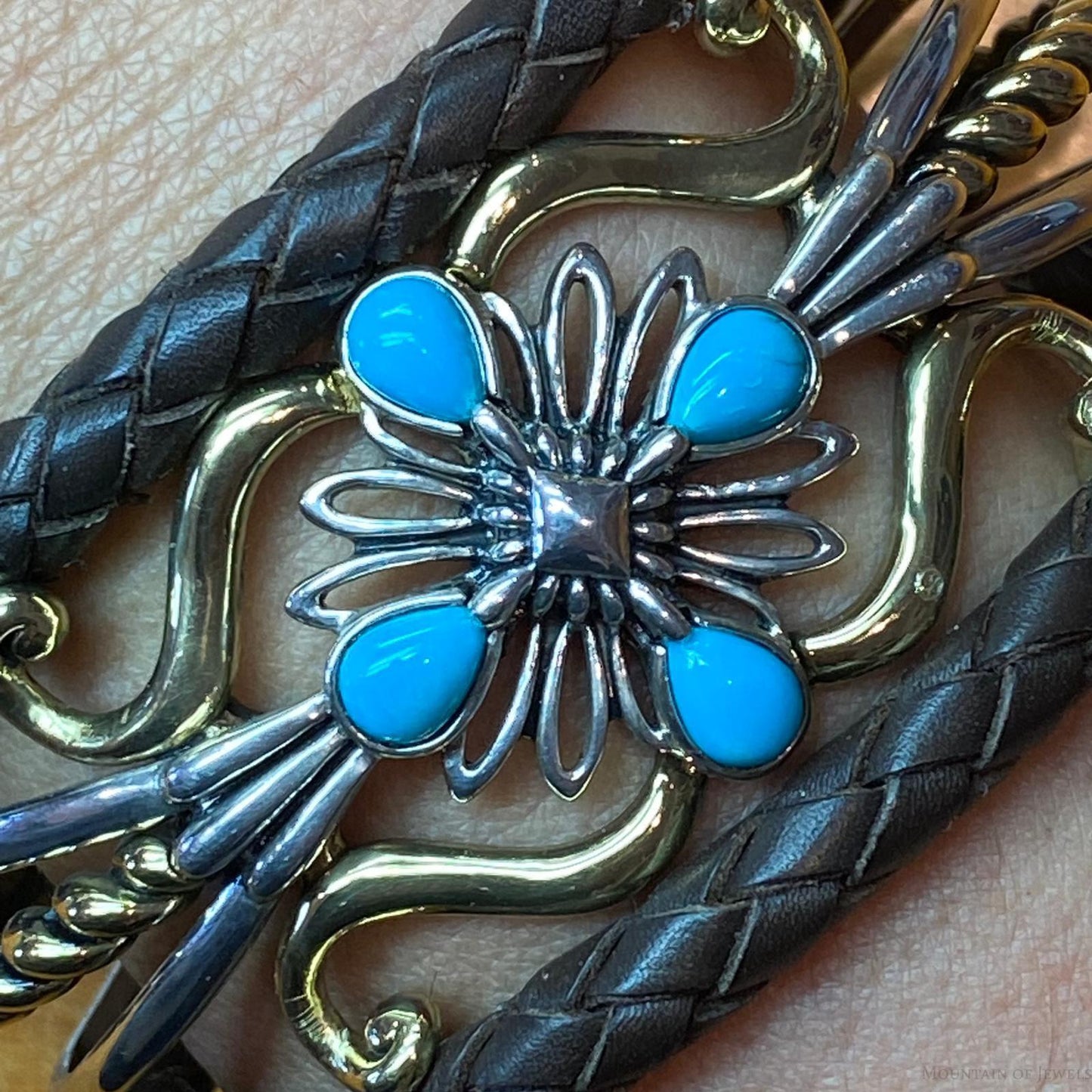 Carolyn Pollack Sterling Silver & Brass 4 Turquoise Dk Brown Leather Decorated Bracelet