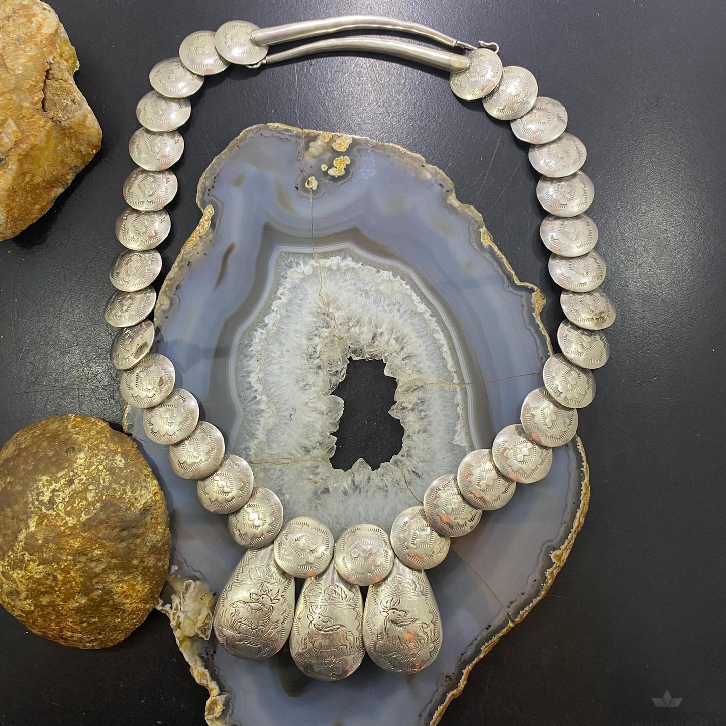 Vintage Native American Silver Double Sided Stamped Disk Bead Necklace For Women