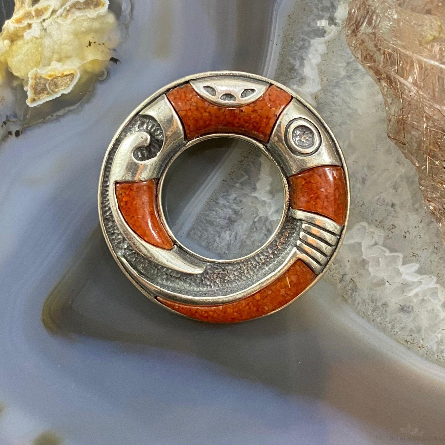 Carolyn Pollack Southwestern Style Sterling Silver Coral Chip Inlay Ring Brooch For Women