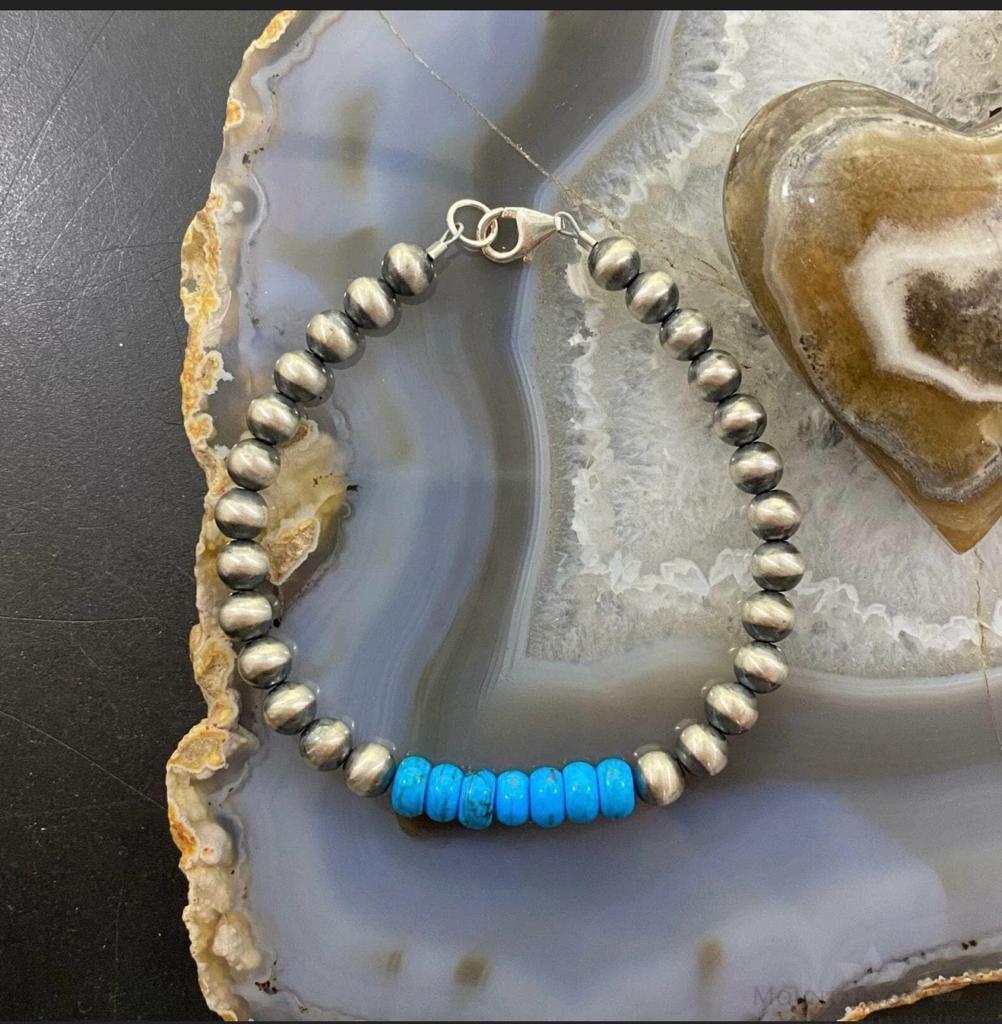 Navajo Pearl and Turquoise 6mm Beads Sterling Silver 8" Bangle For Women