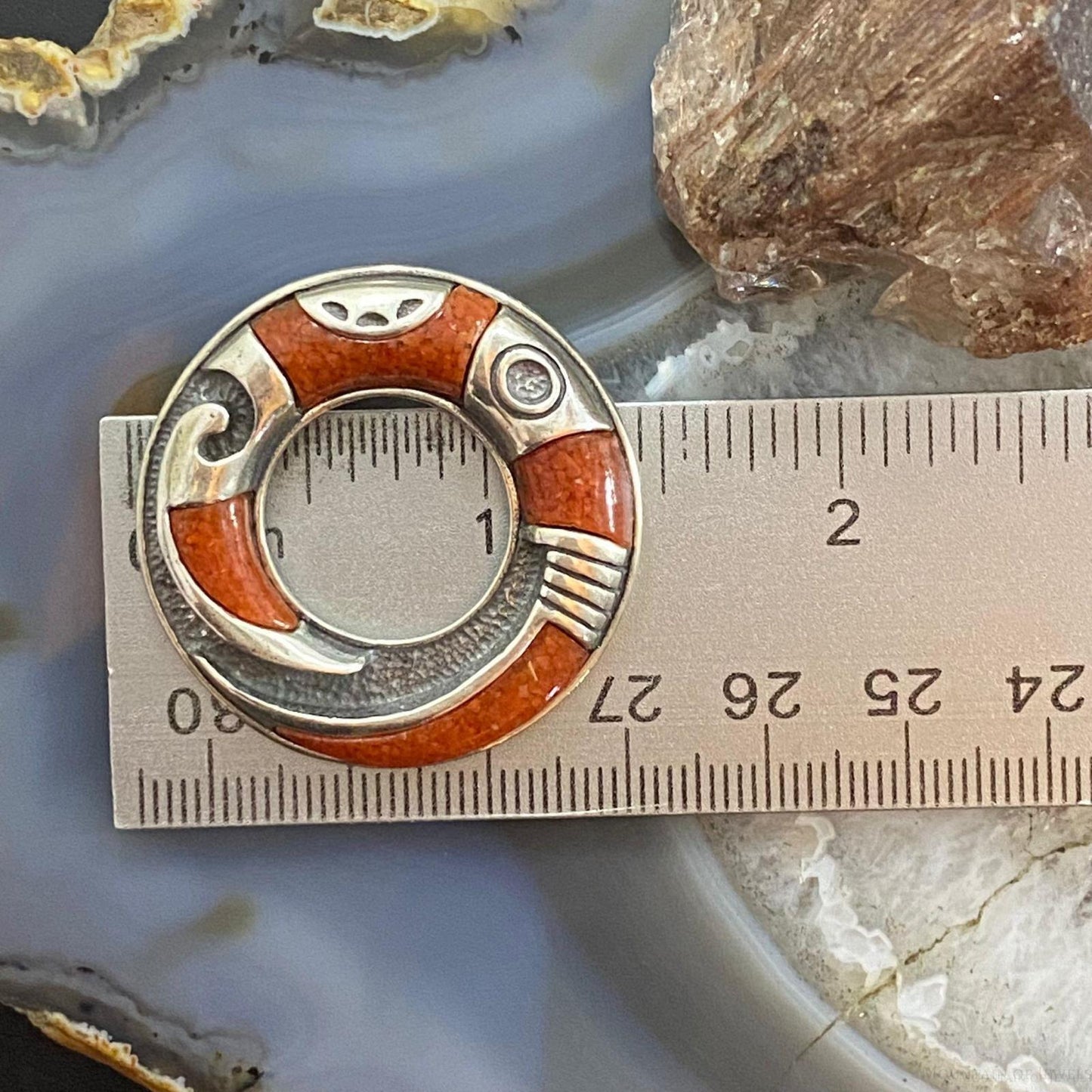 Carolyn Pollack Southwestern Style Sterling Silver Coral Chip Inlay Ring Brooch For Women
