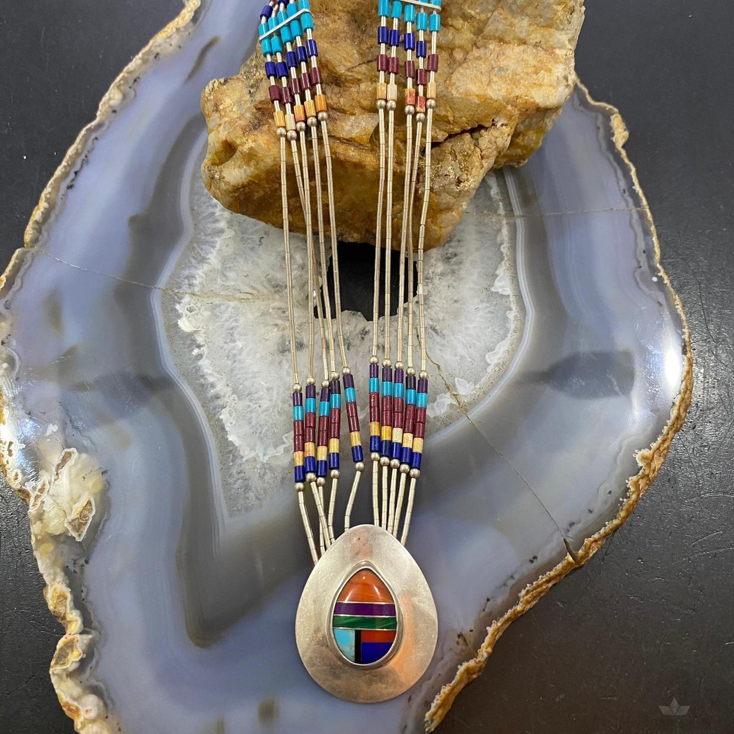 Vintage Native American Sterling Silver Liquid Silver, Multi Beads & Inlay Pendant Necklace