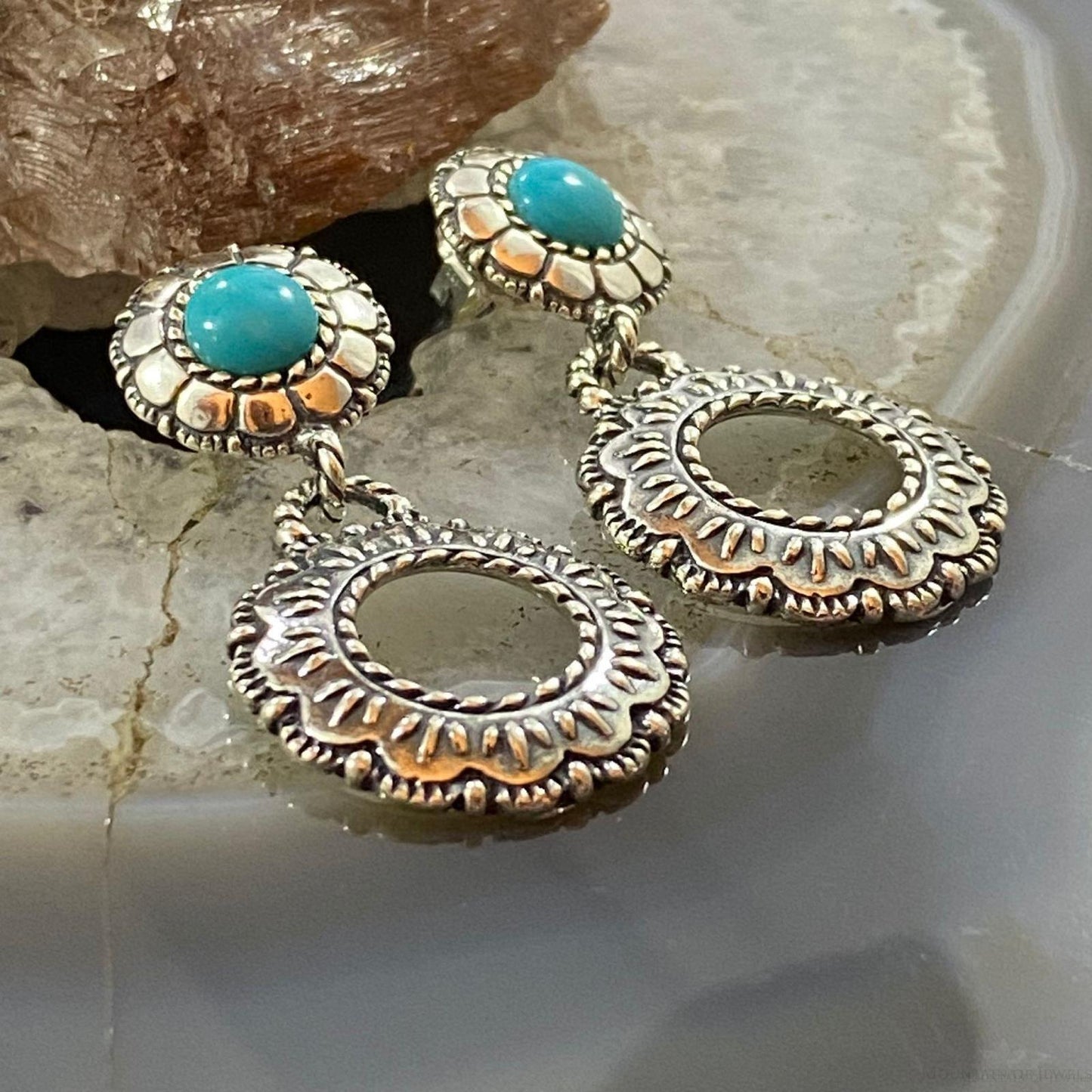 Carolyn Pollack Sterling Silver Round Turquoise Double Flower Dangle Earrings For Women