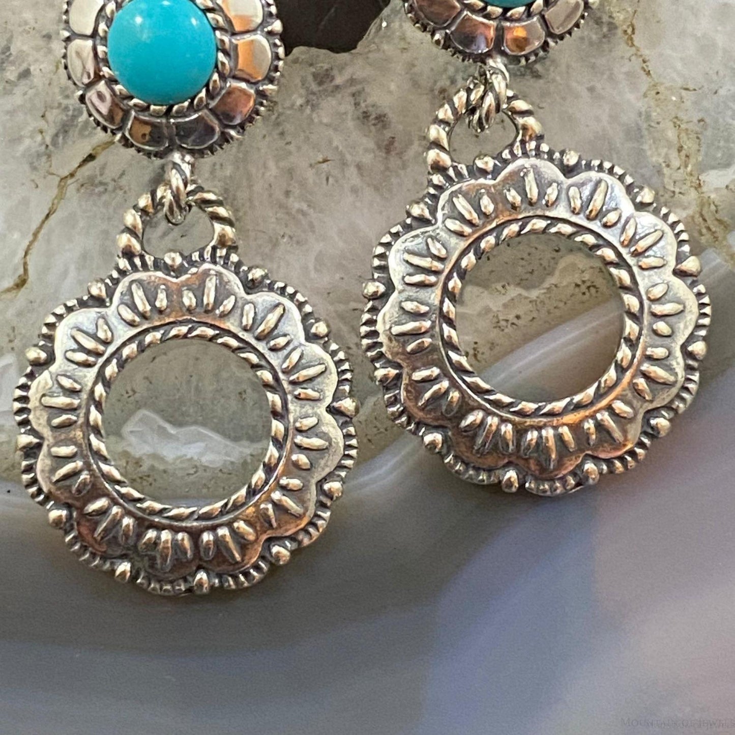 Carolyn Pollack Sterling Silver Round Turquoise Double Flower Dangle Earrings For Women