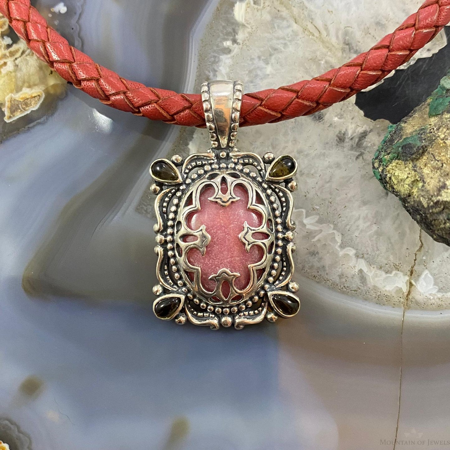 Carolyn Pollack Southwestern Style Sterling Silver Rhodonite & Smoky Quartz Pendant For Women