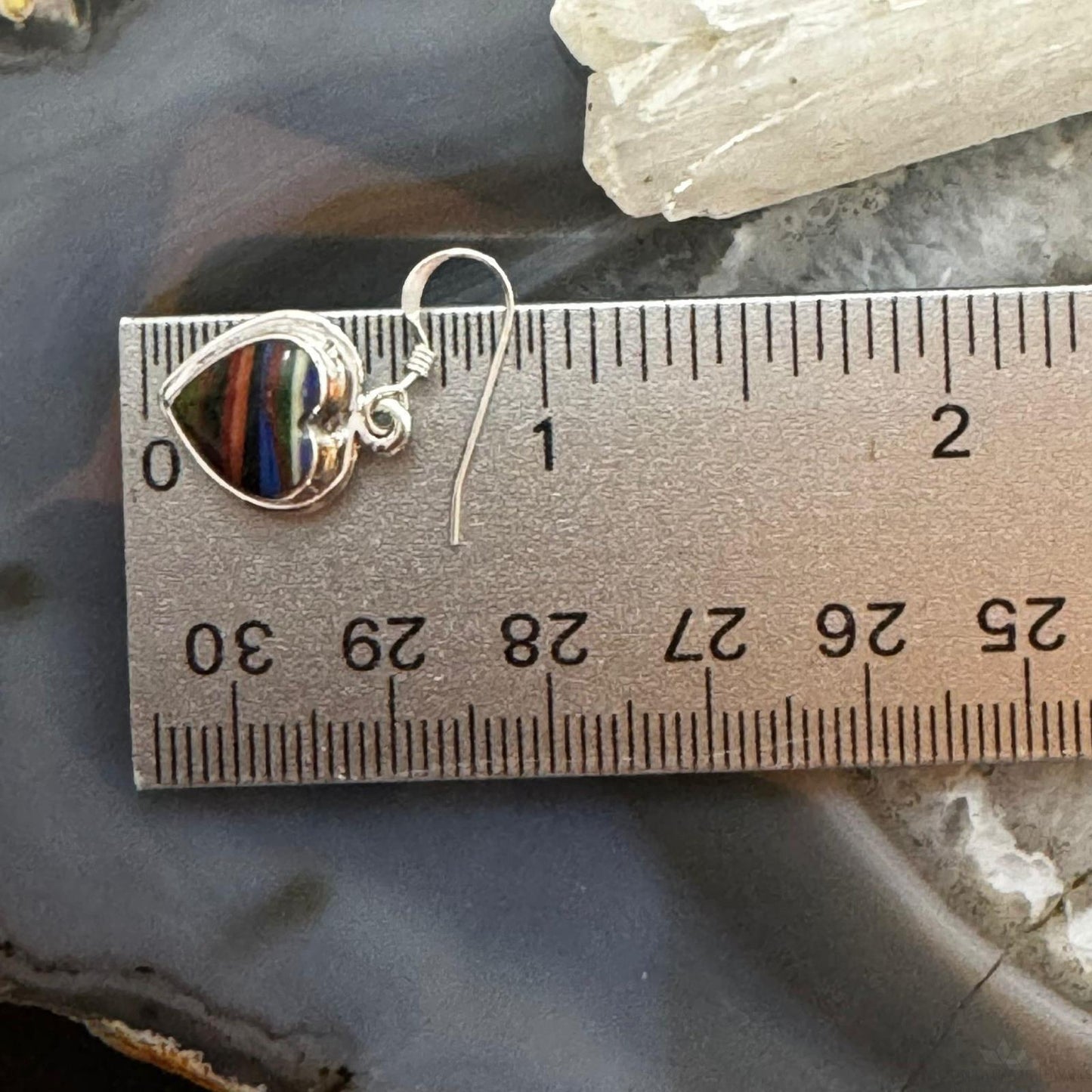 Native American Sterling Silver Rainbow Calsilica Heart Dangle Earrings For Women