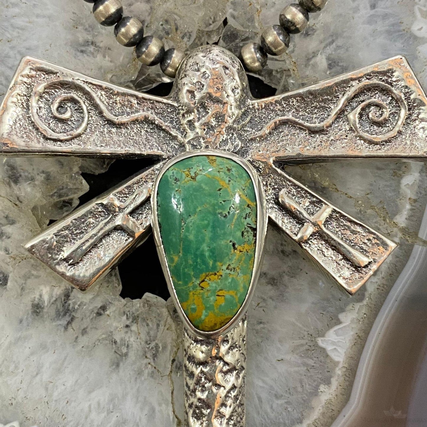 Gary Custer Navajo Sterling Silver Tufa Cast Dragonfly Royston Turquoise Unisex Pendant