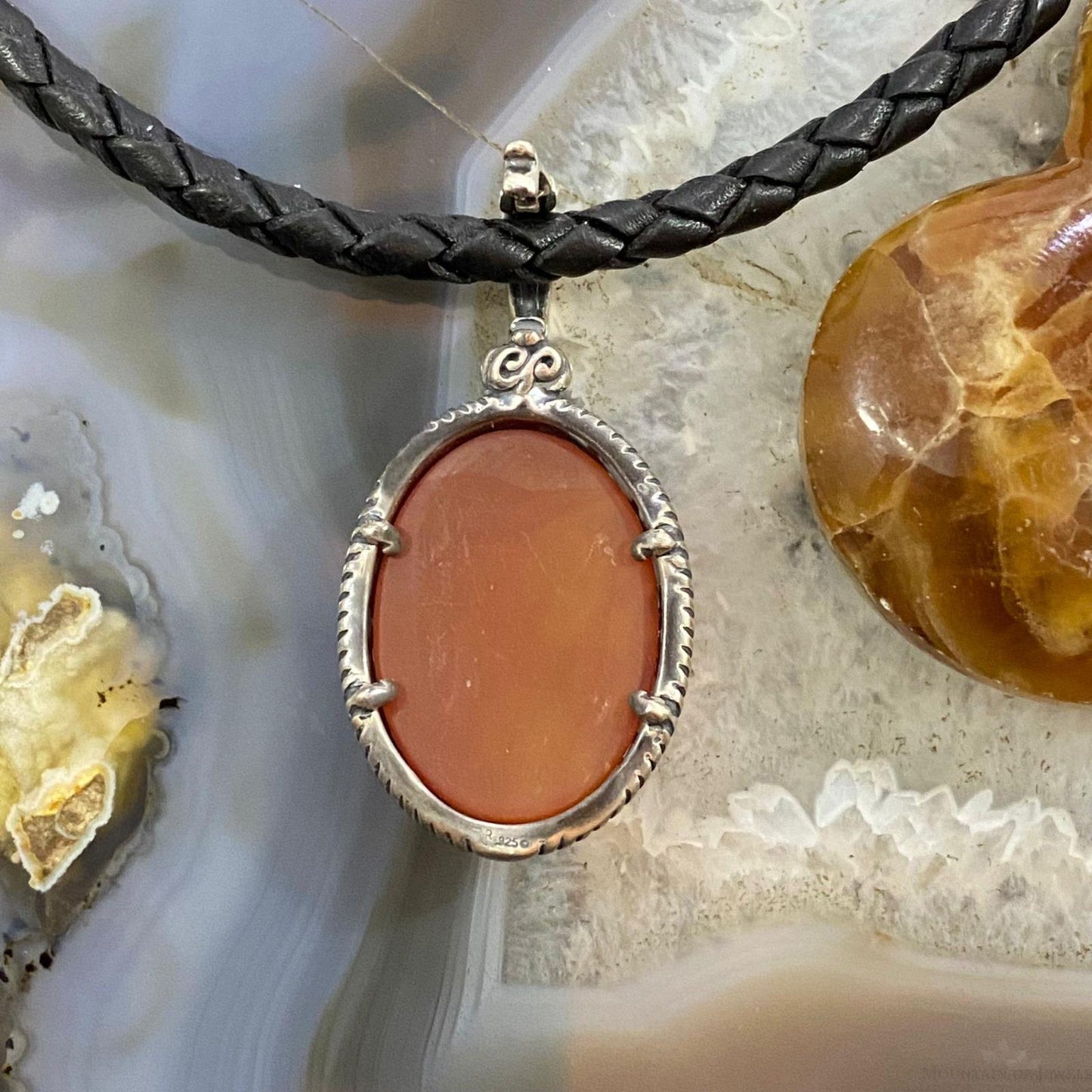 Carolyn Pollack Sterling Silver Oval Frosted Orange Agate Enhancer Pendant For Women