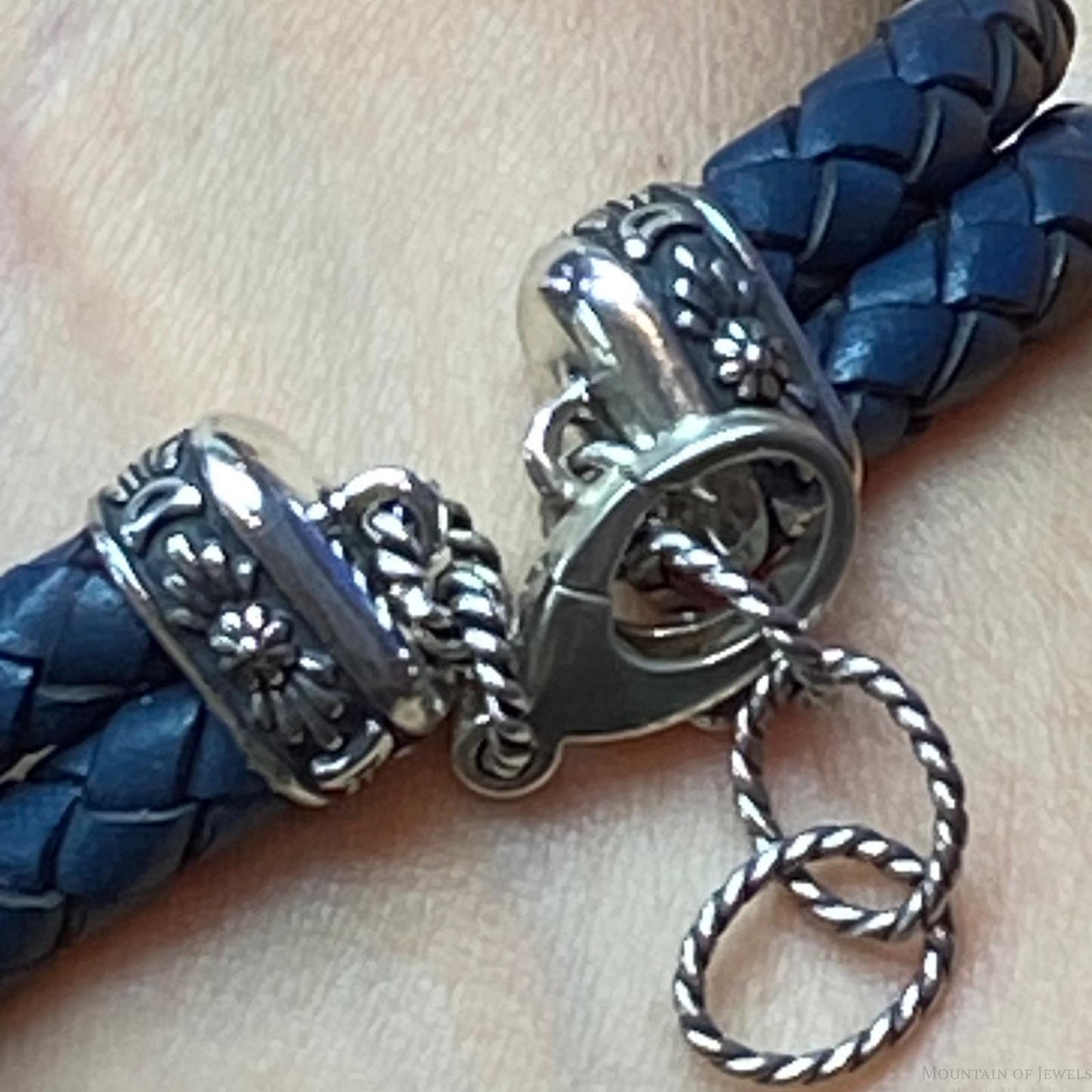 Carolyn Pollack Sterling Silver Denim Lapis Navy Braided Leather Bracelet For Women
