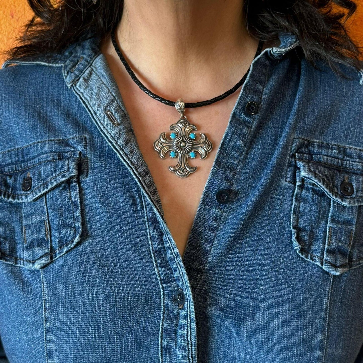 Carolyn Pollack Sterling Silver Turquoise Cross Pendant Black Braided Leather Necklace