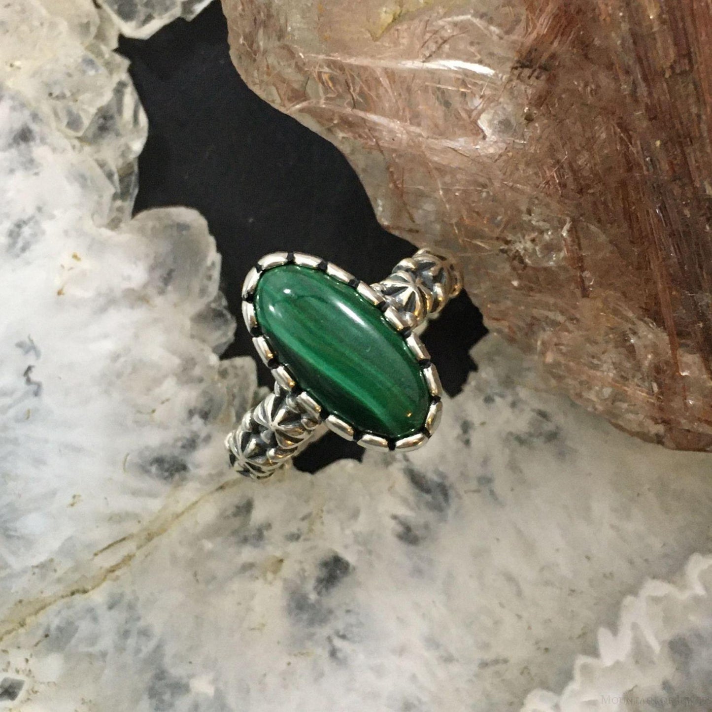 Carolyn Pollack Sterling Silver Elongated Oval Malachite Decorated Ring Size 8 For Women