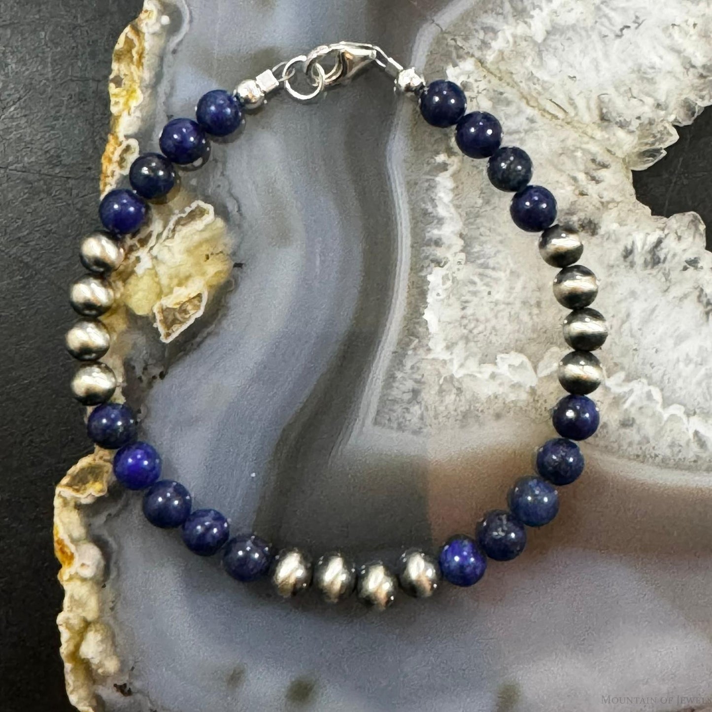 Native American Sterling Silver 5 mm Navajo Pearl & Lapis Bead Link Bracelet For Women