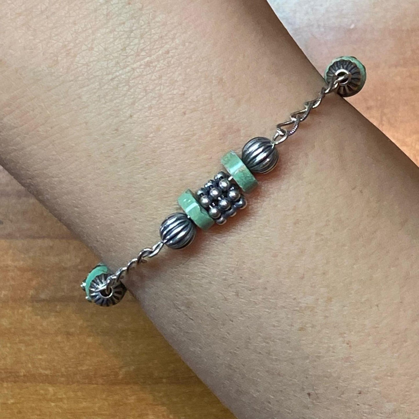Carolyn Pollack Sterling Silver Green Turquoise Disc Bead Decorated Link Bracelet For Women