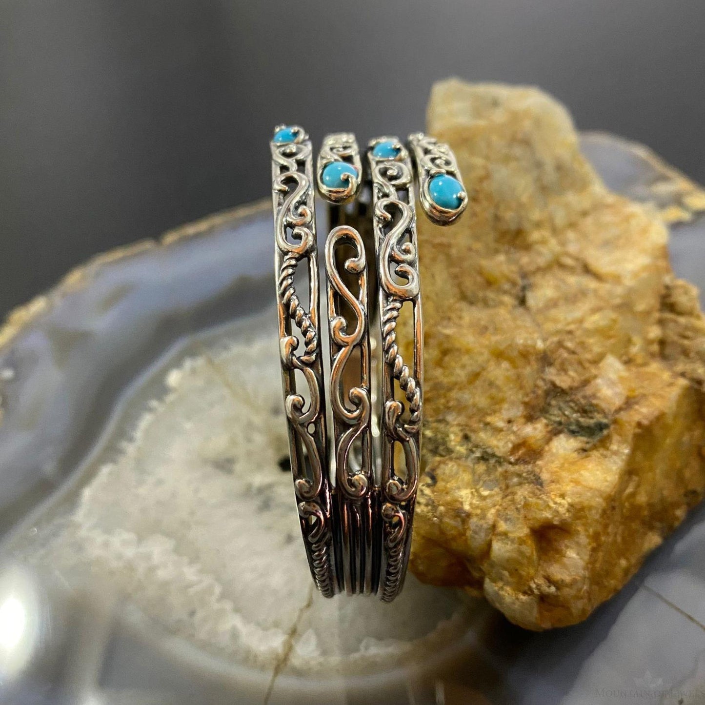 Carolyn Pollack Sterling Silver 4 Sleeping Beauty Turquoise Decorated Hinged Bracelet For Women