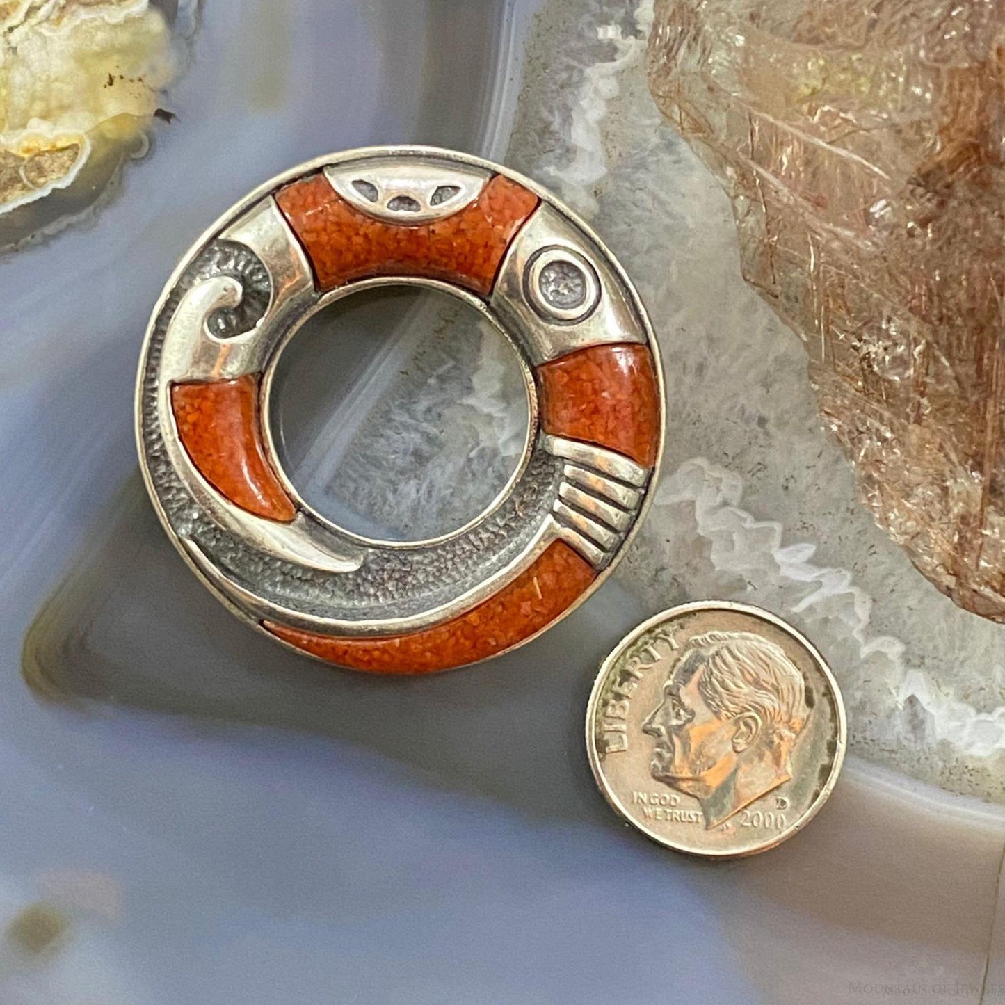 Carolyn Pollack Southwestern Style Sterling Silver Coral Chip Inlay Ring Brooch For Women