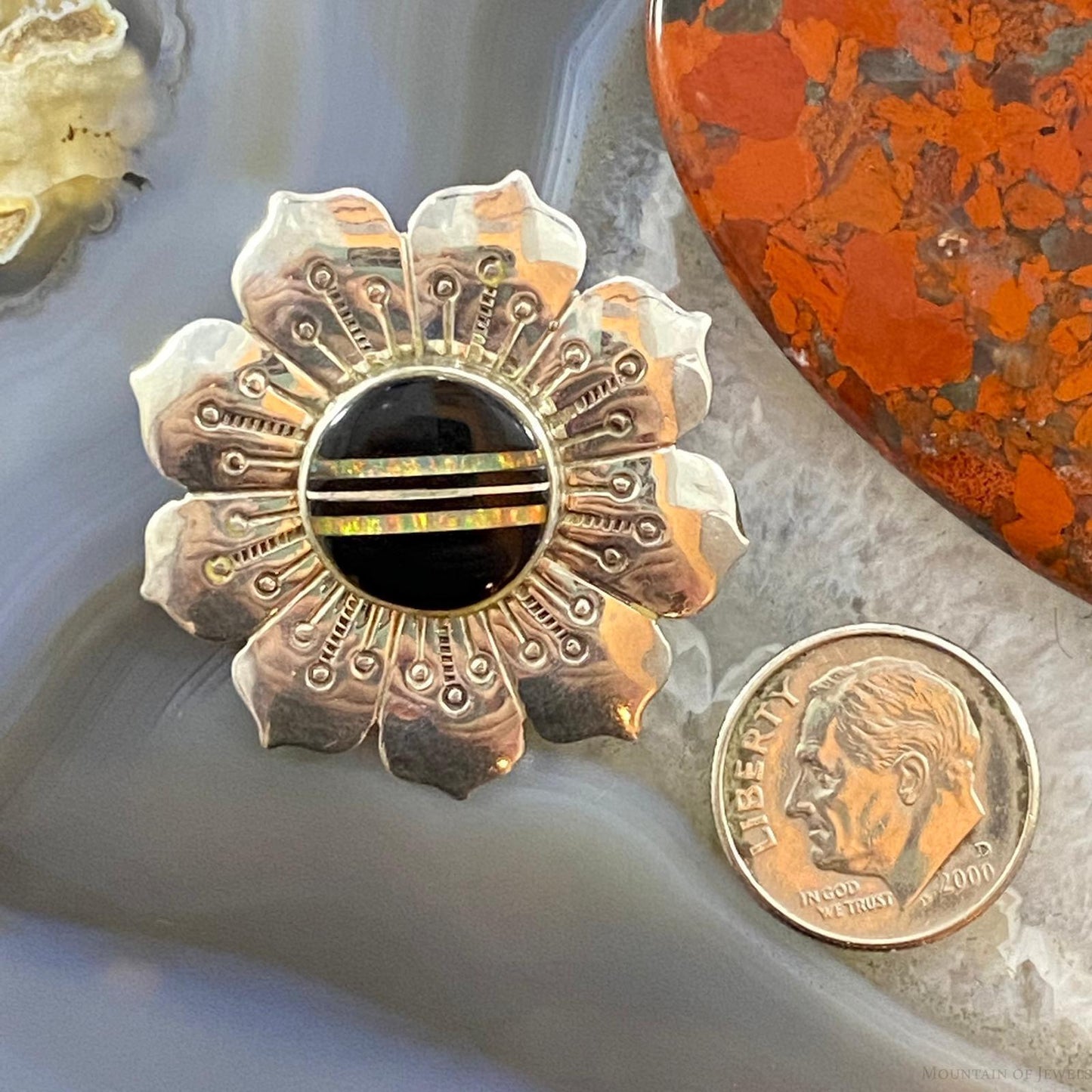 Vintage Native American Sterling Silver Onyx & Opal Stamped Flower Brooch For Women