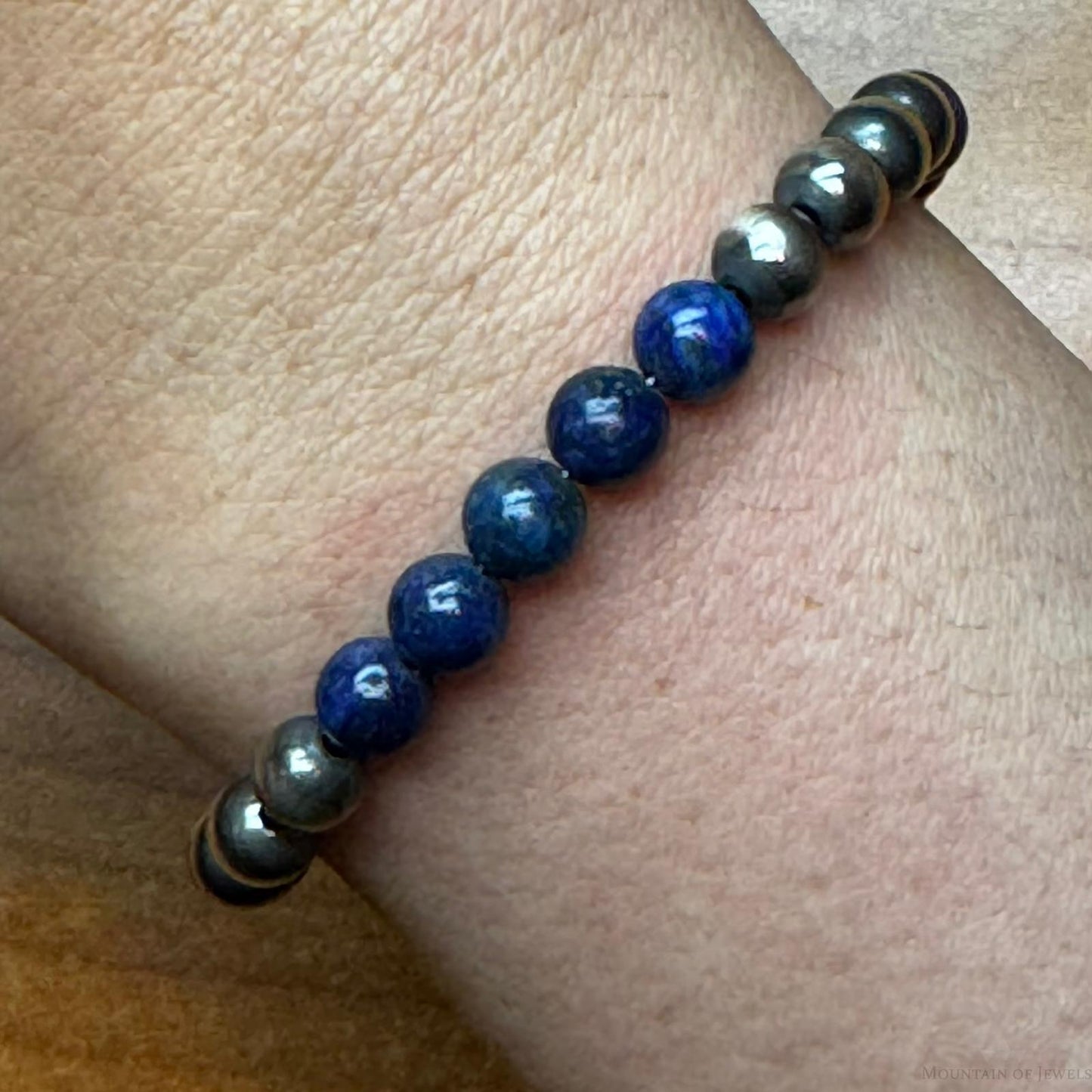 Native American Sterling Silver 5 mm Navajo Pearl & Lapis Bead Link Bracelet For Women