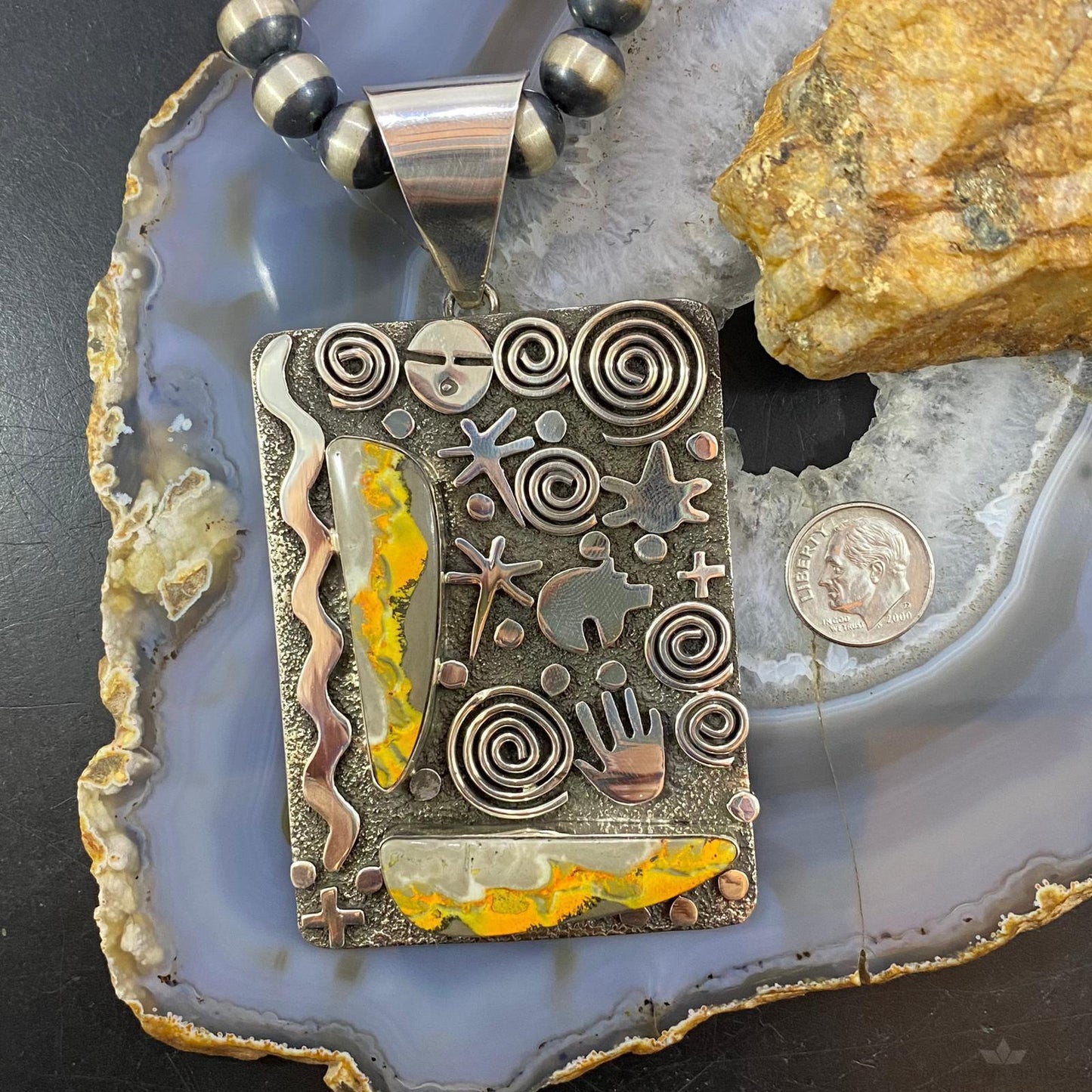 Alex Sanchez Native American Sterling Silver 2 Bumblebee Jasper Petroglyph Tablet Unisex Pendant