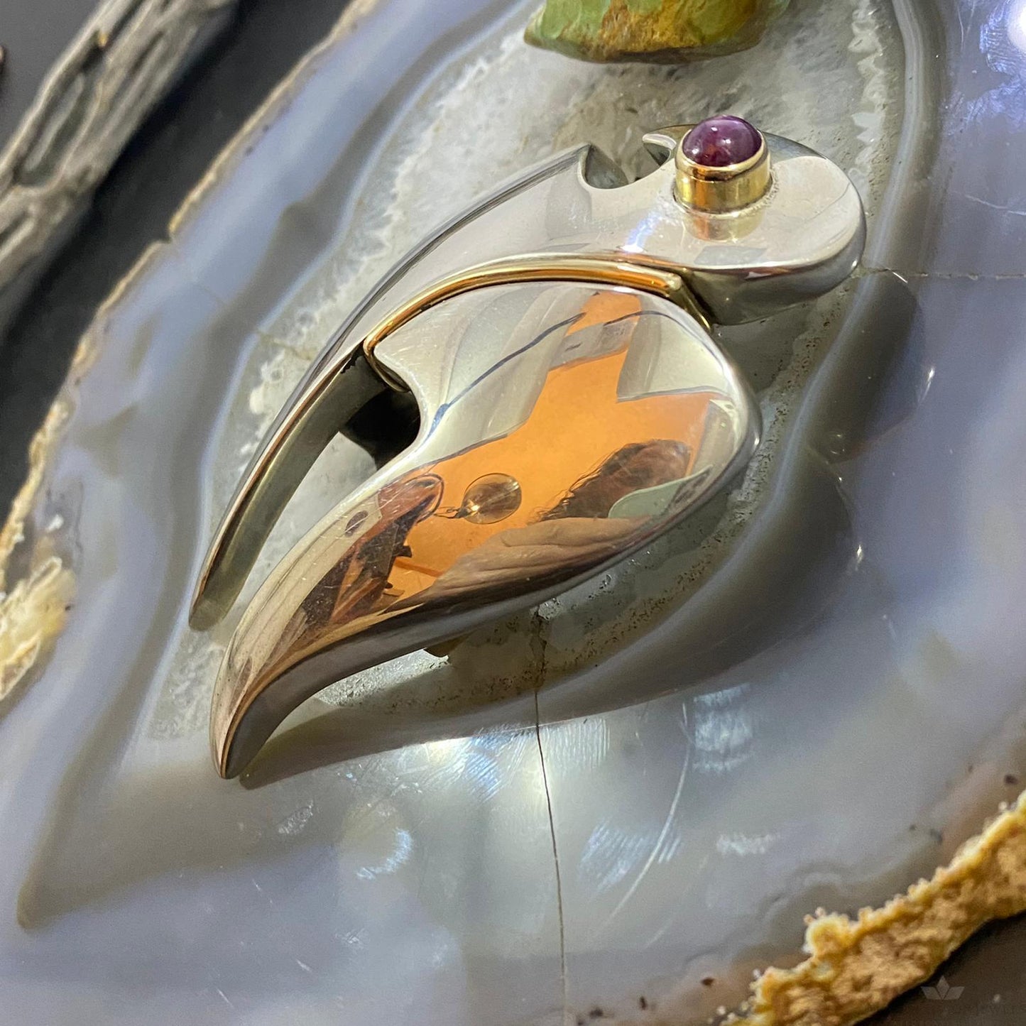 Signed Sterling Silver with 14K Gold & Round Charoite Eagle Unisex Belt Buckle