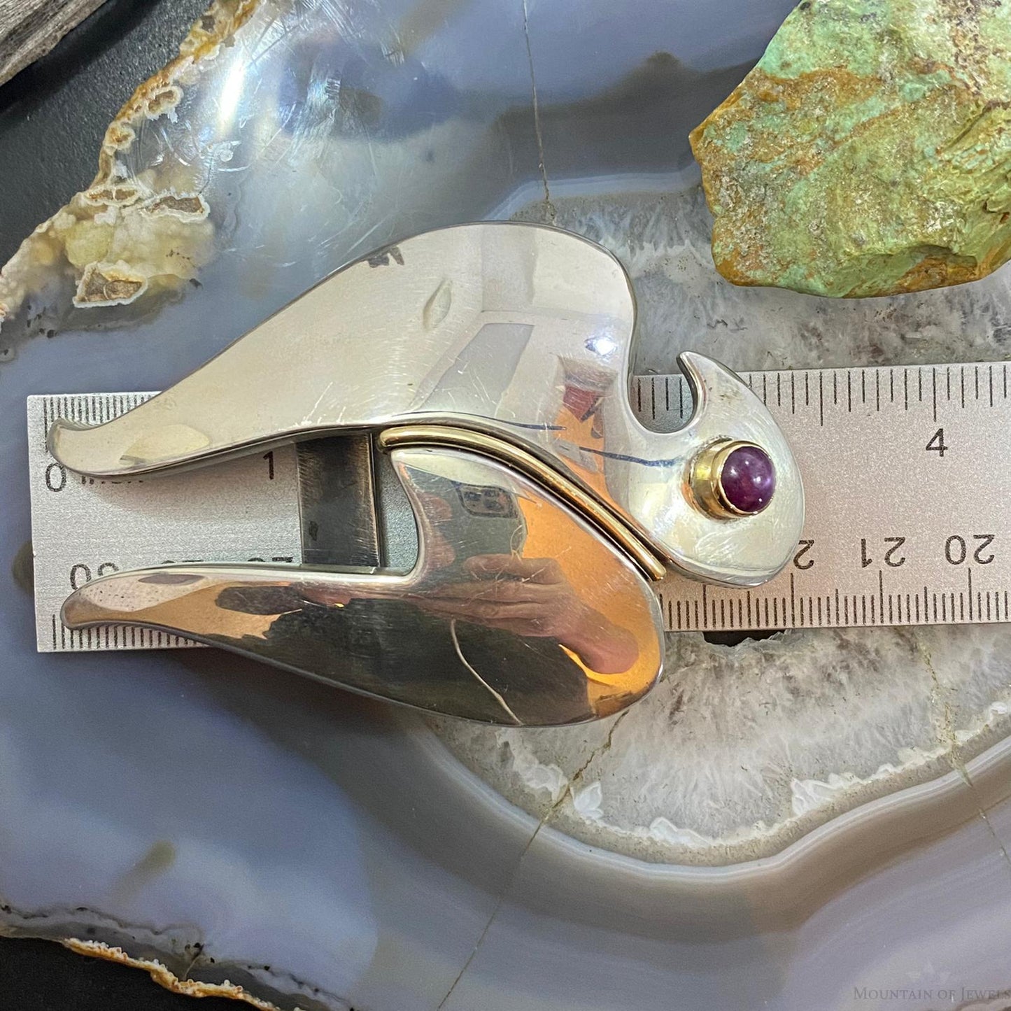 Signed Sterling Silver with 14K Gold & Round Charoite Eagle Unisex Belt Buckle