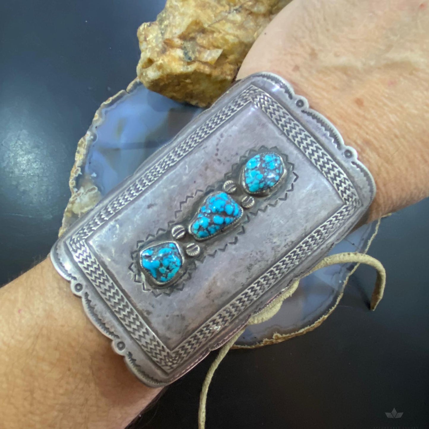 Antique Native American Silver, Leather & 3 Kingman Turquoise Ketoh Bow Guard