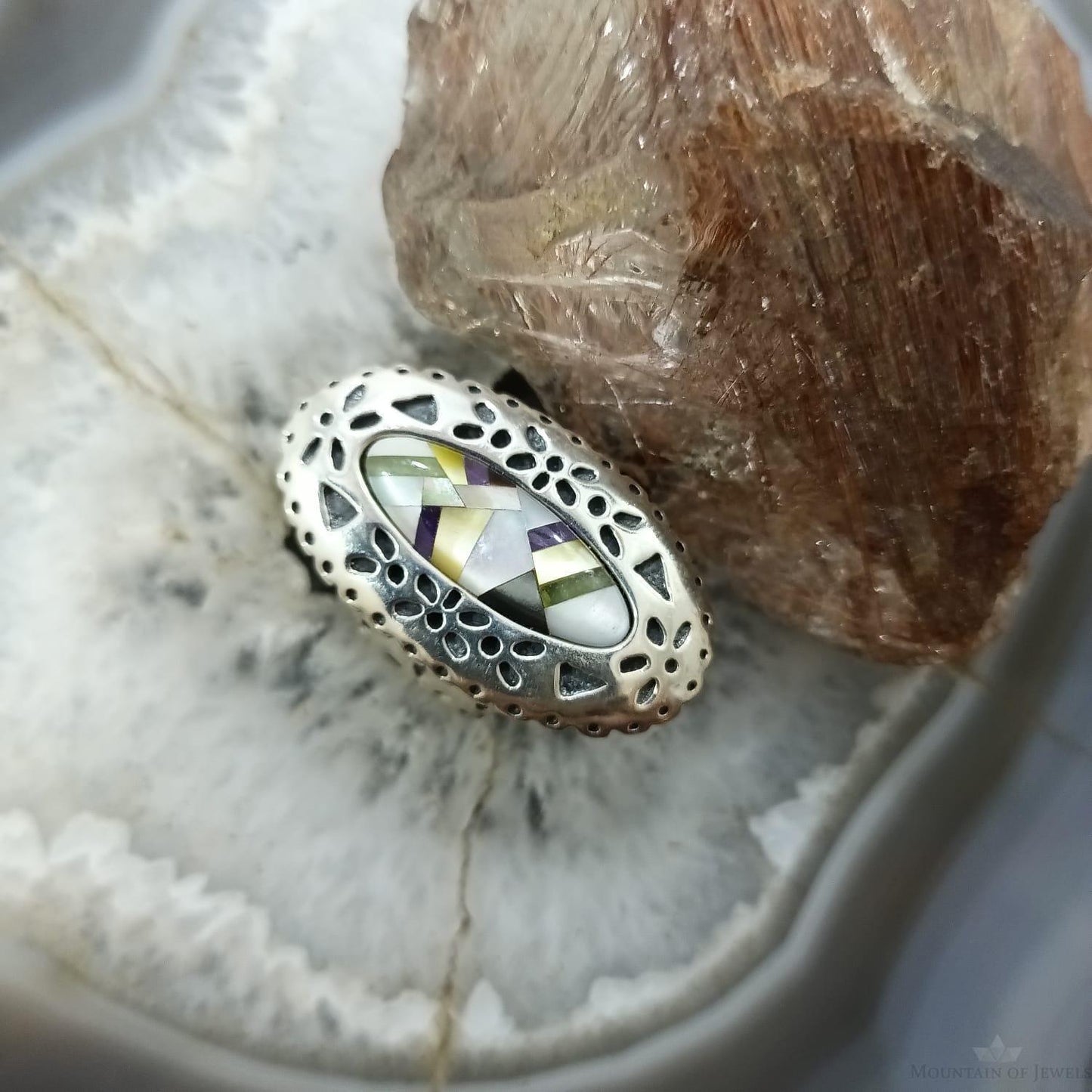 Carolyn Pollack Sterling Silver Elongated Oval Multi Stone Inlay Ring Size 6 For Women