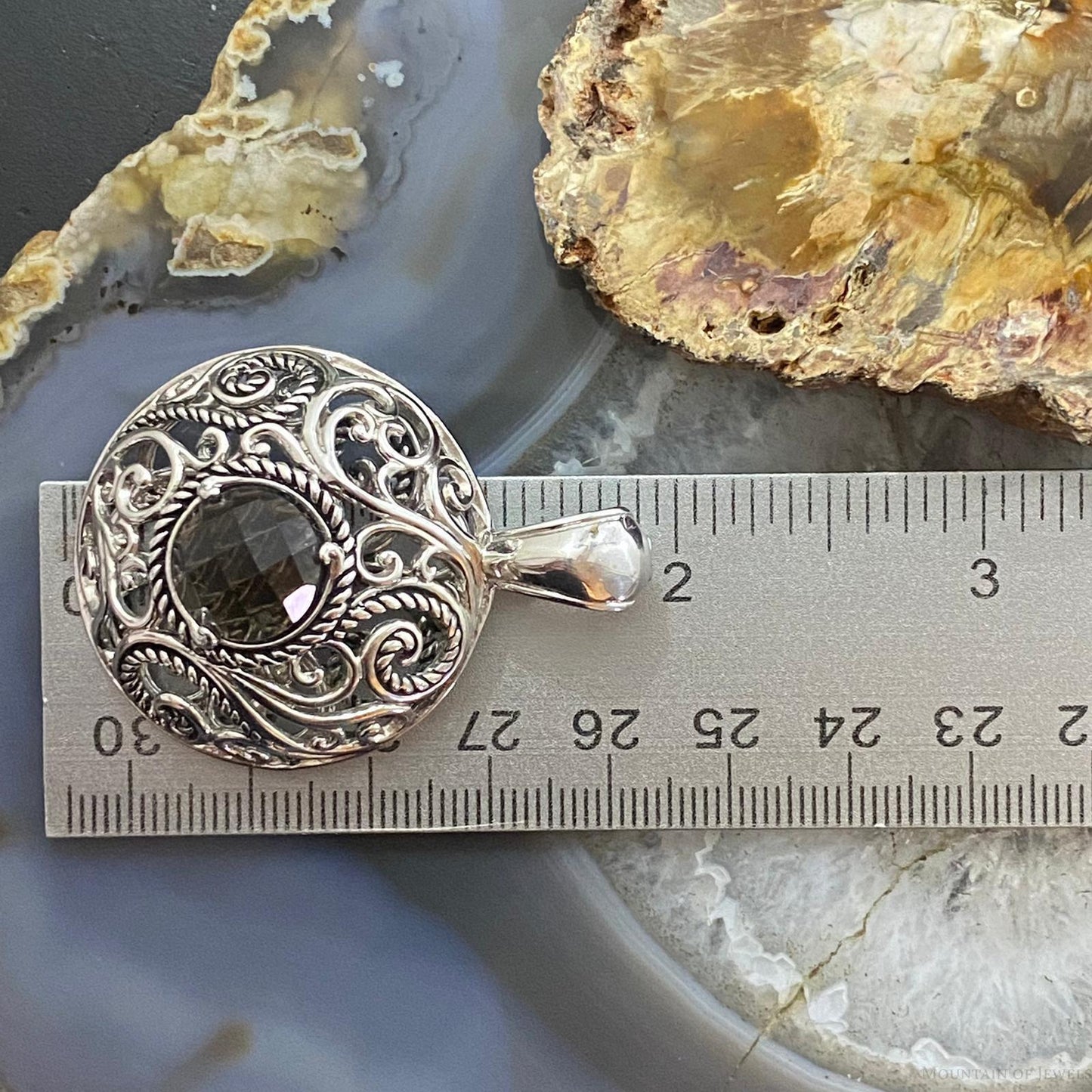 Carolyn Pollack Southwestern Style Sterling Silver Round Smoky Quartz Enhancer Pendant For Women