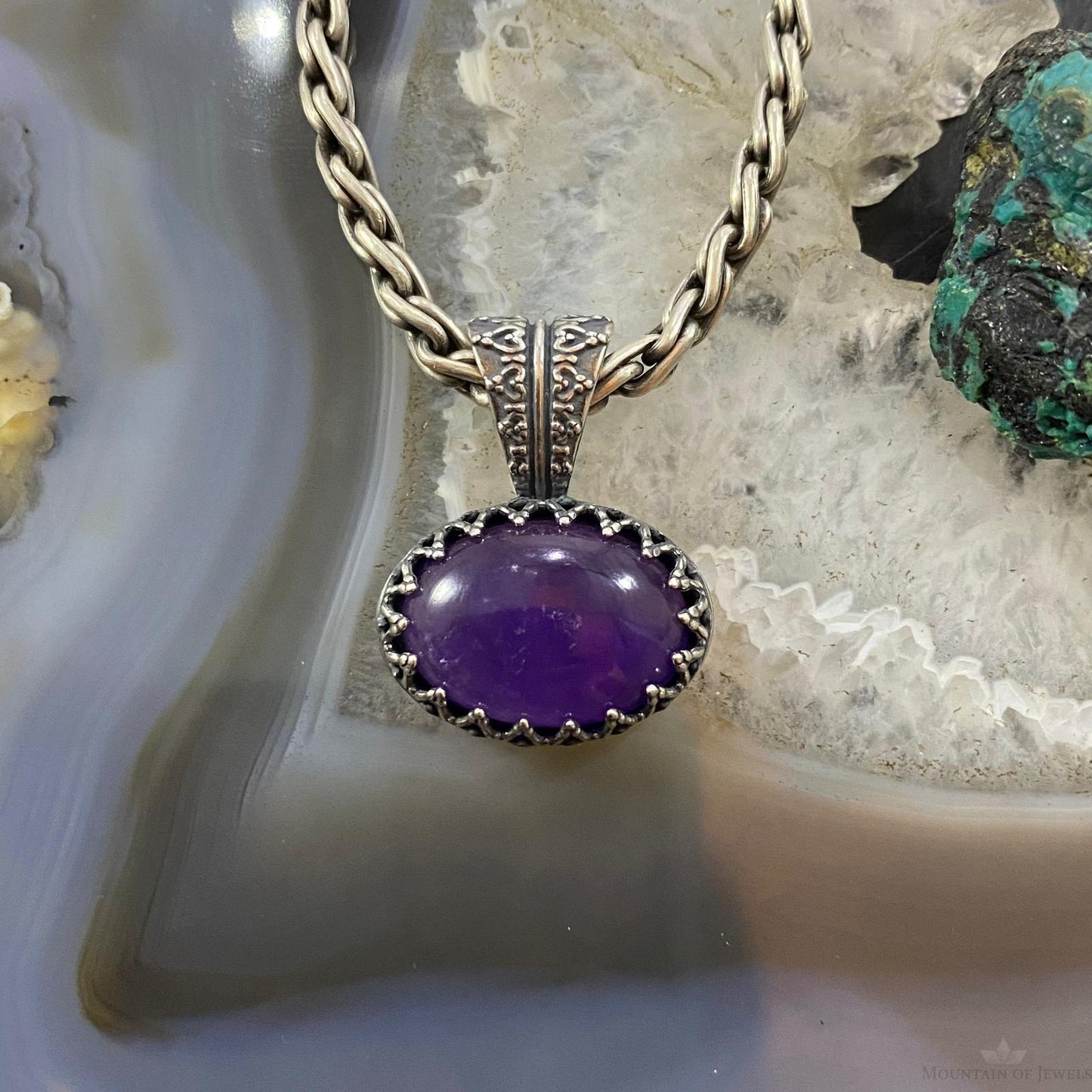 Carolyn Pollack Southwestern Style Sterling Silver Oval Amethyst Decorated Pendant For Women