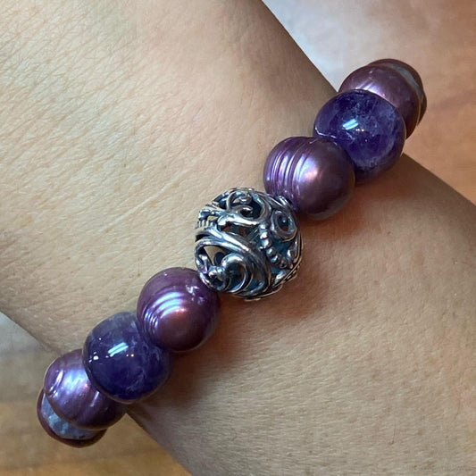 Carolyn Pollack Sterling Silver Freshwater Pearl & Amethyst, Jade Stretch Bracelet For Women