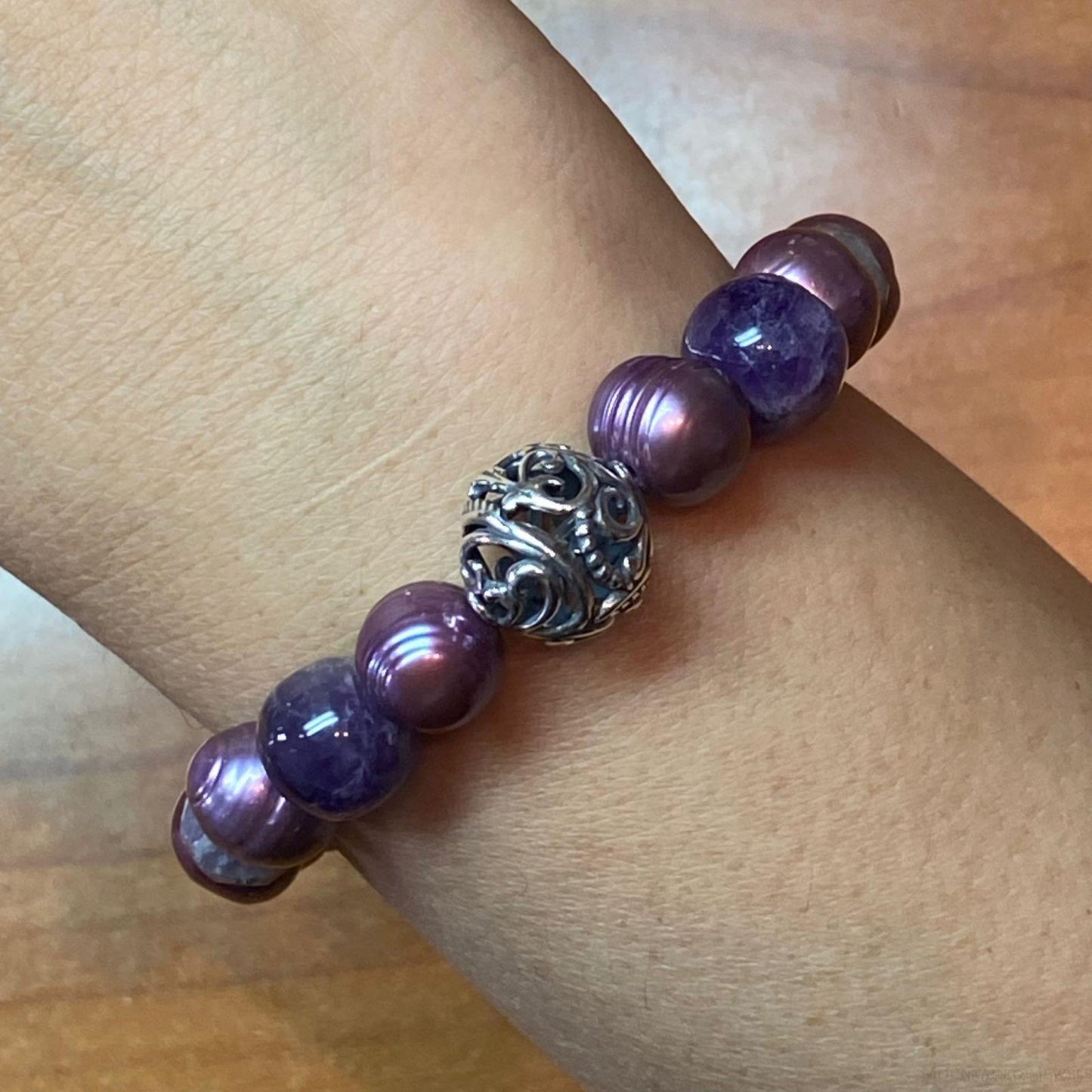 Carolyn Pollack Sterling Silver Freshwater Pearl & Amethyst, Jade Stretch Bracelet For Women
